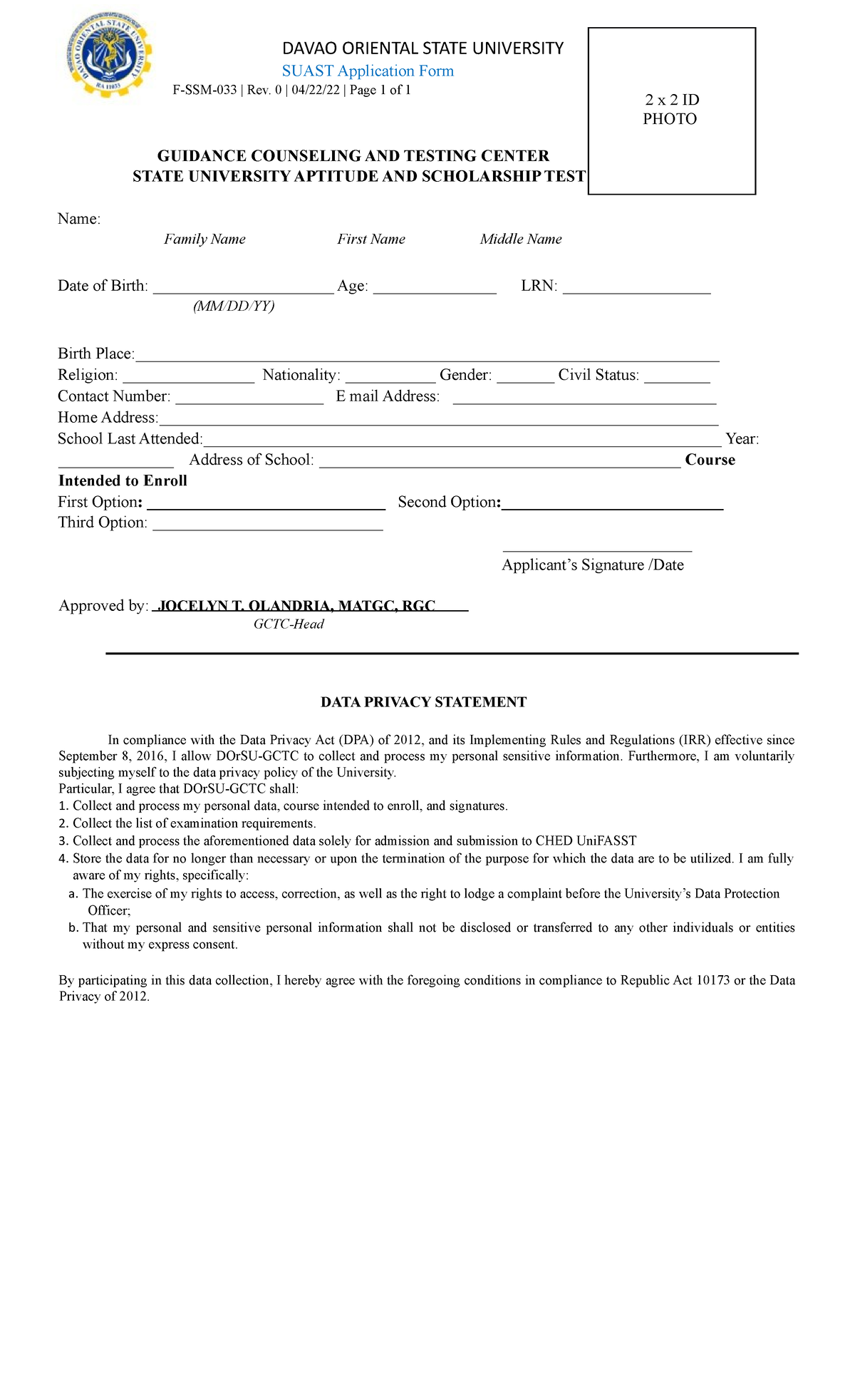 SSM-033 SUAST Application Form - Admission & Data Privacy Details - Studocu