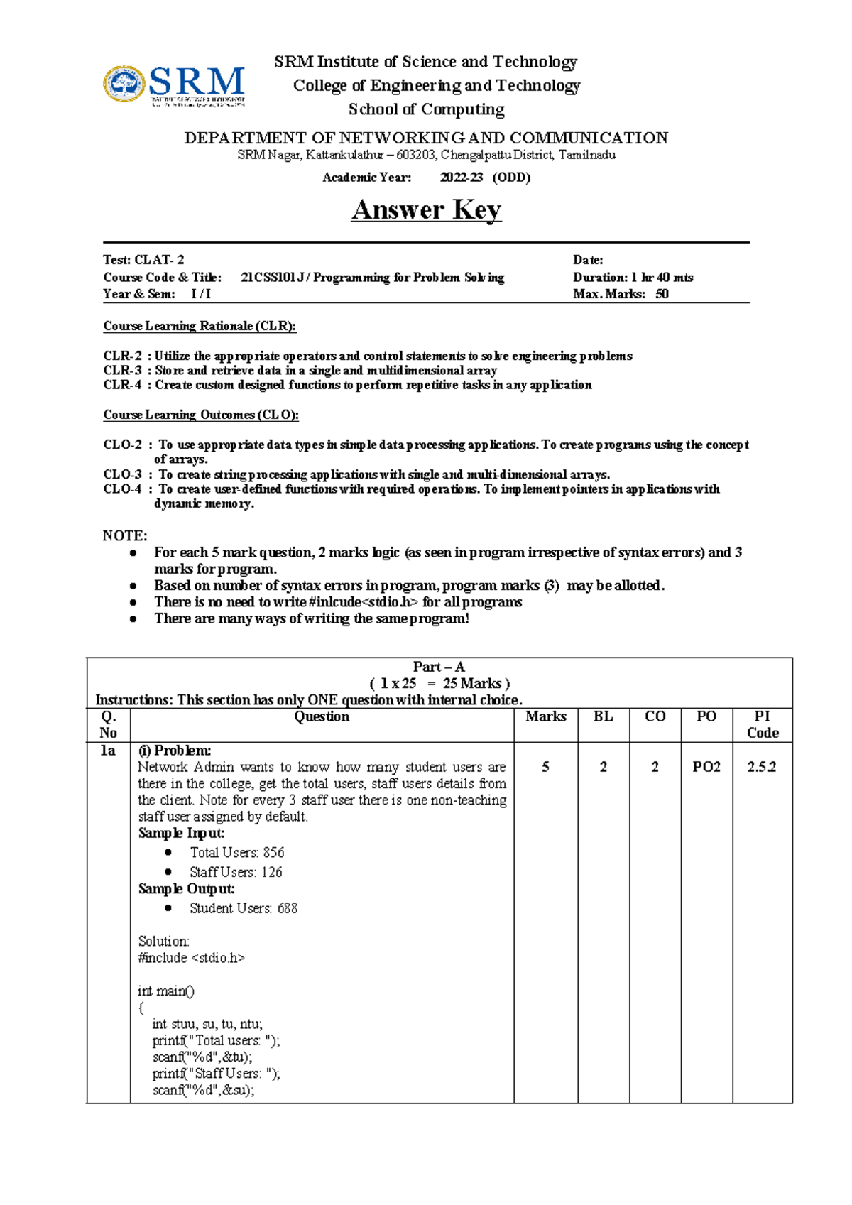 CT2 SET7 - ct paper - SRM Institute of Science and Technology College ...