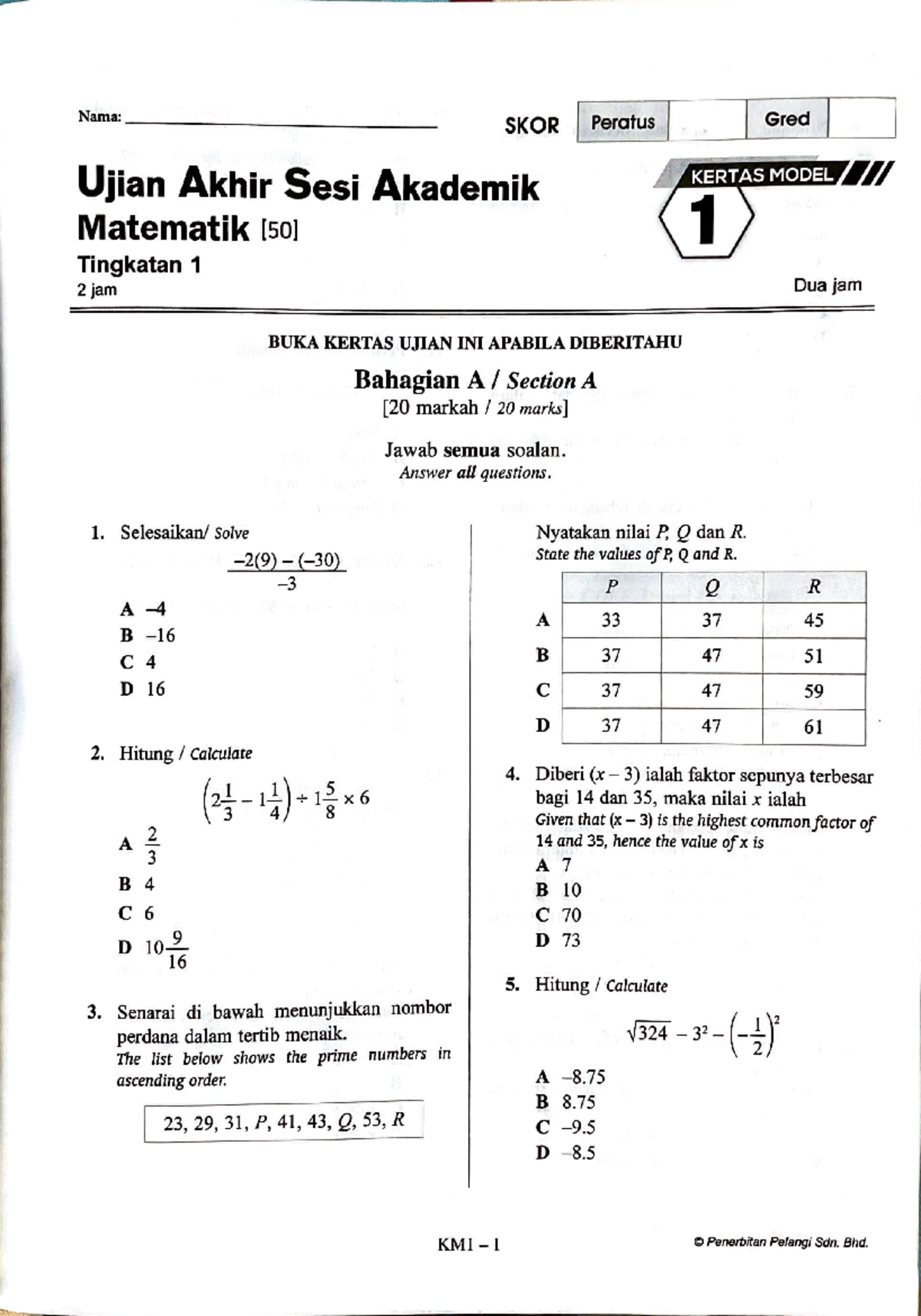 SET 1 paper 1 - Nama: SKOR Peratus Gred Ujian Akhir Sesi Akademik ...