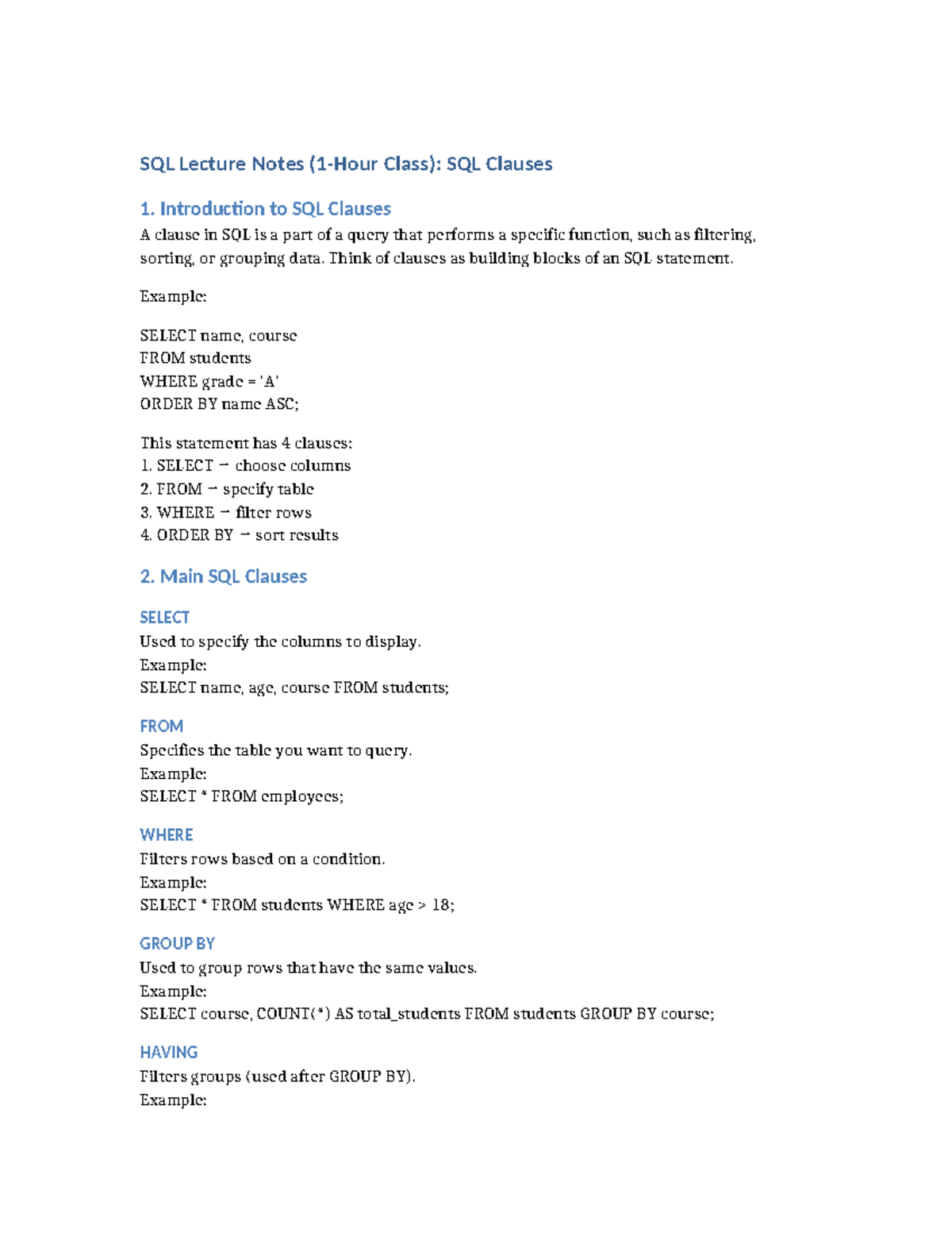 SQL Lecture Notes: Understanding SQL Clauses - Studocu