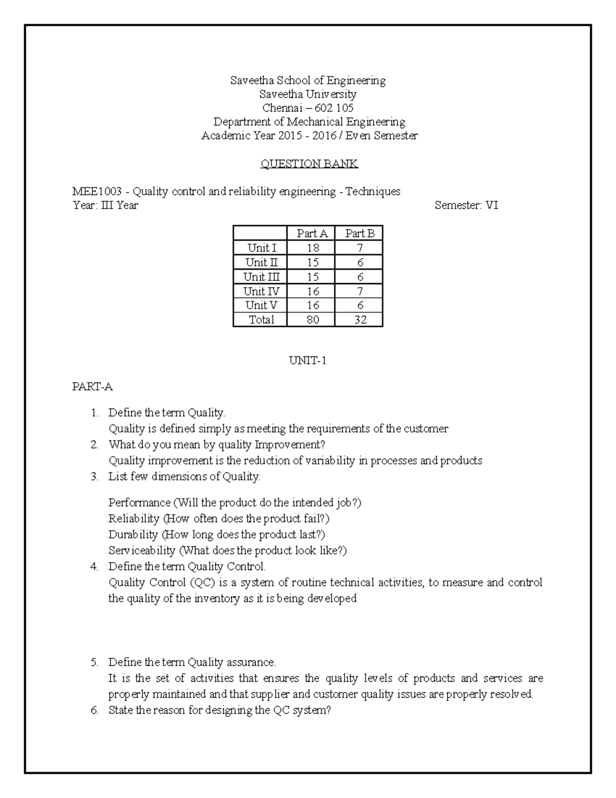 MEE1003 - Quality control and reliability engineering - Techniques ...