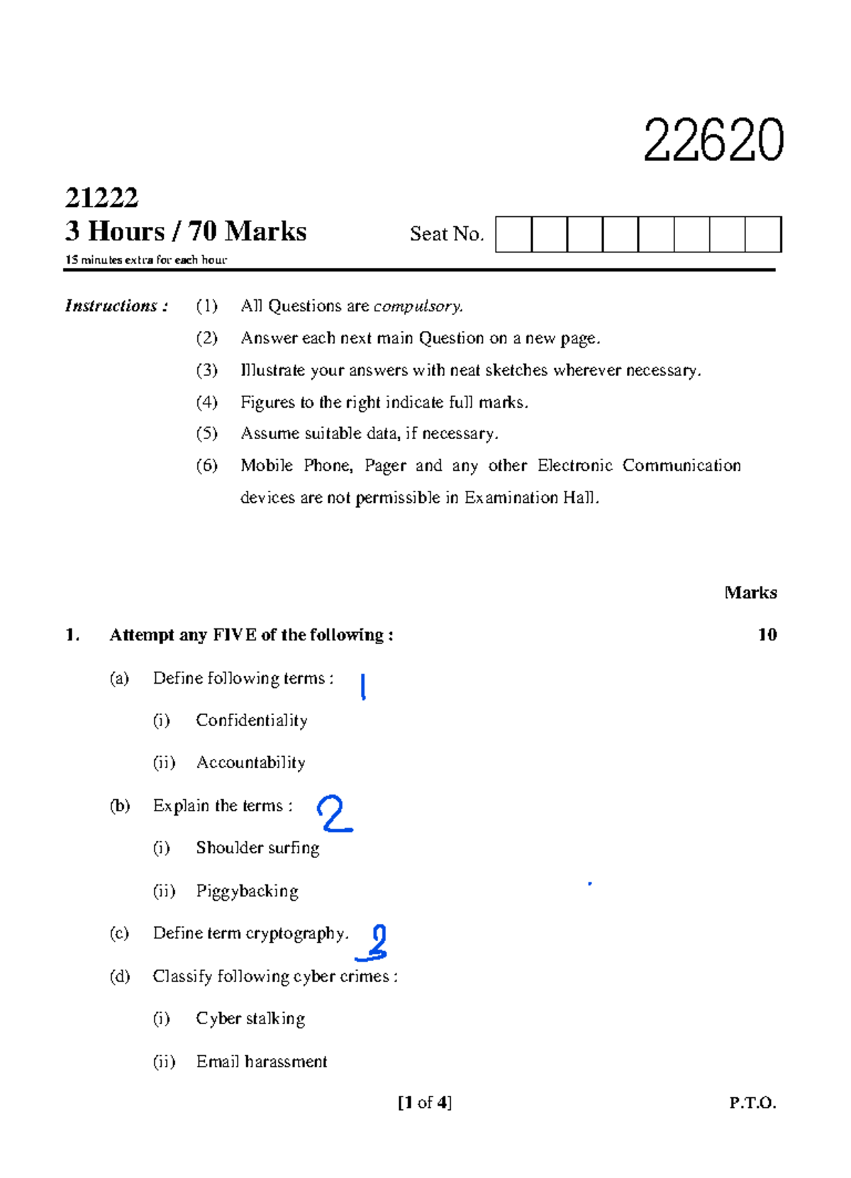 22620 S22 - Notes - 22620 [ 1 of 4 ] P.T. 21222 3 Hours / 7 0 Marks ...