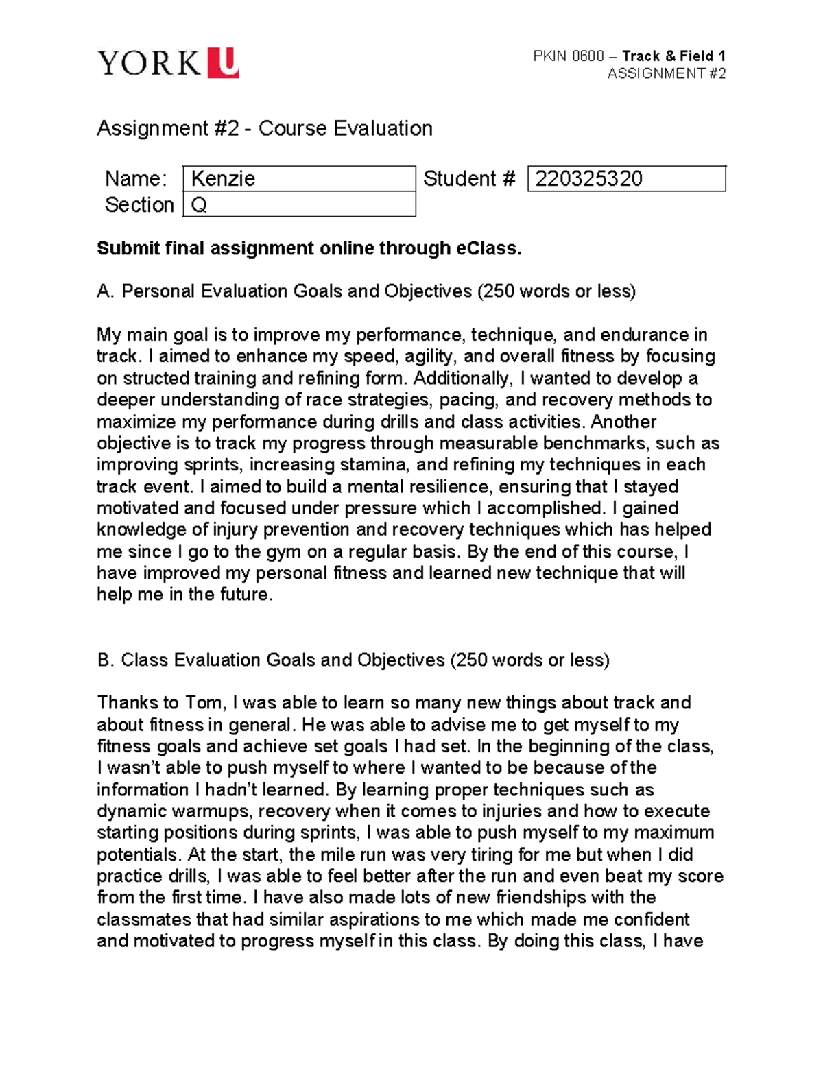 PKIN 0600 - Track & Field Assignment: Personal & Class Evaluation - Studocu