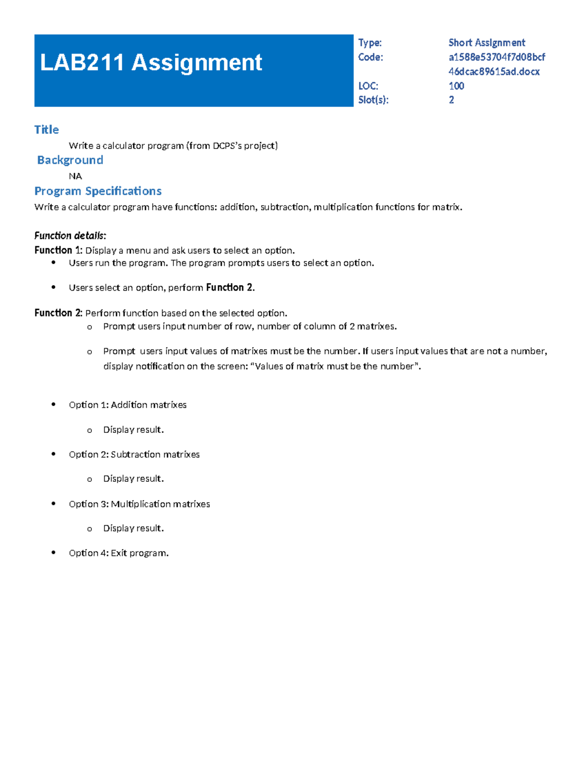 LAB211 Short Assignment: Matrix Calculator Program Implementation - Studocu