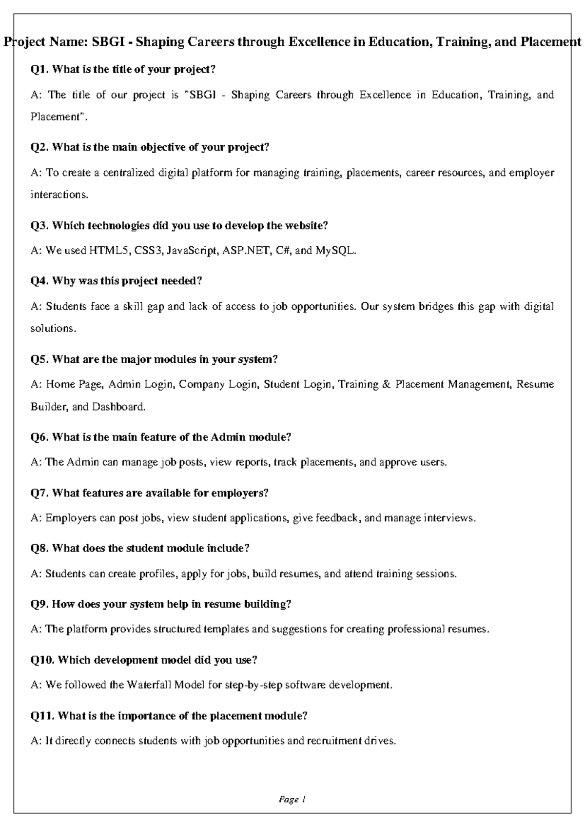 SBGI Project Viva Questions Overview and Key Insights - Studocu