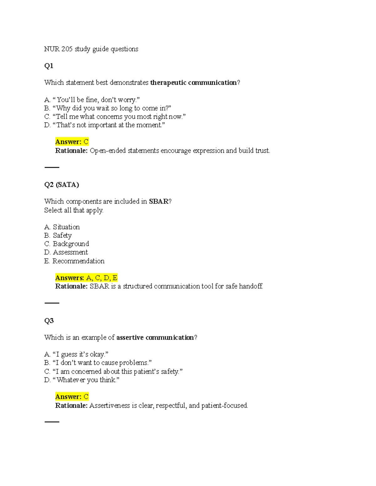 NUR 205 Study Guide: Key Questions and Answers for Exam Prep - Studocu