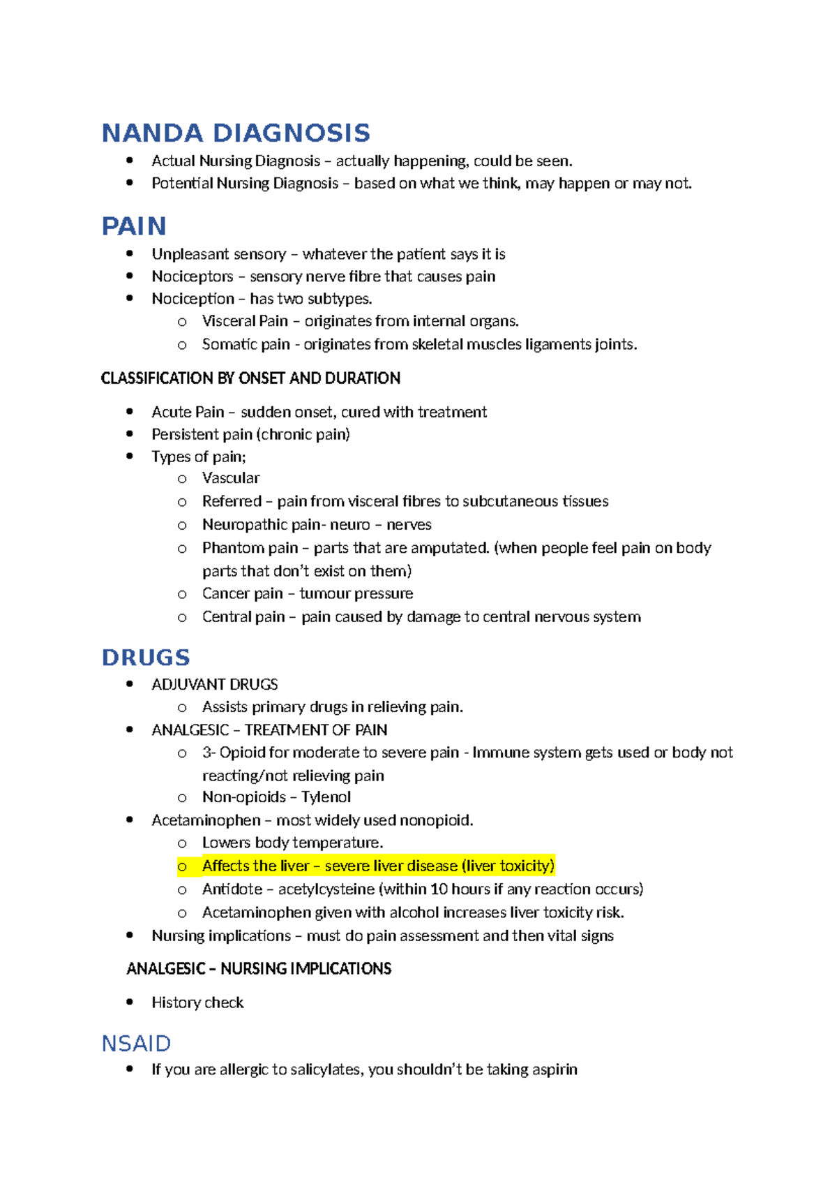 NANDA Diagnosis - Pain Management Notes for Nursing (NURS 101) - Studocu