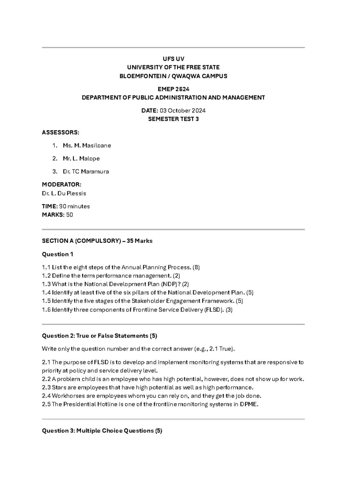 UFS UV EMEP 2624 SEMESTER TEST 3 - Practice Past Paper - Studocu