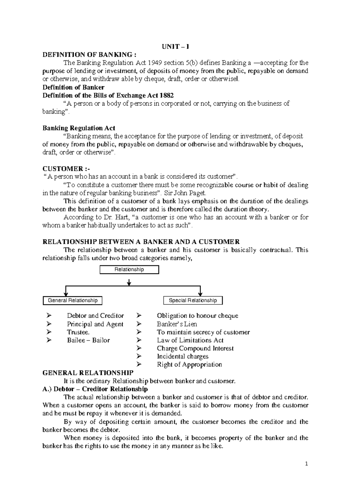 UNIT I: DEFINITIONS AND RELATIONSHIPS IN BANKING (6C8046520) - Studocu