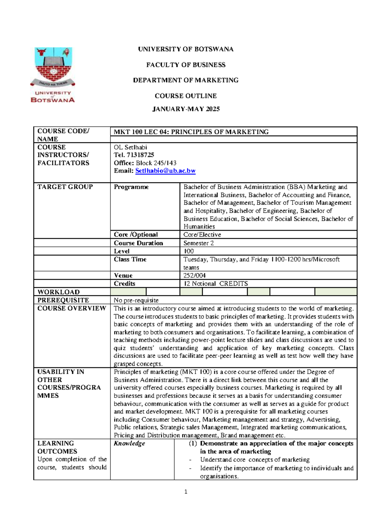 MKT 100 Course Outline 2025: Principles of Marketing Overview - Studocu