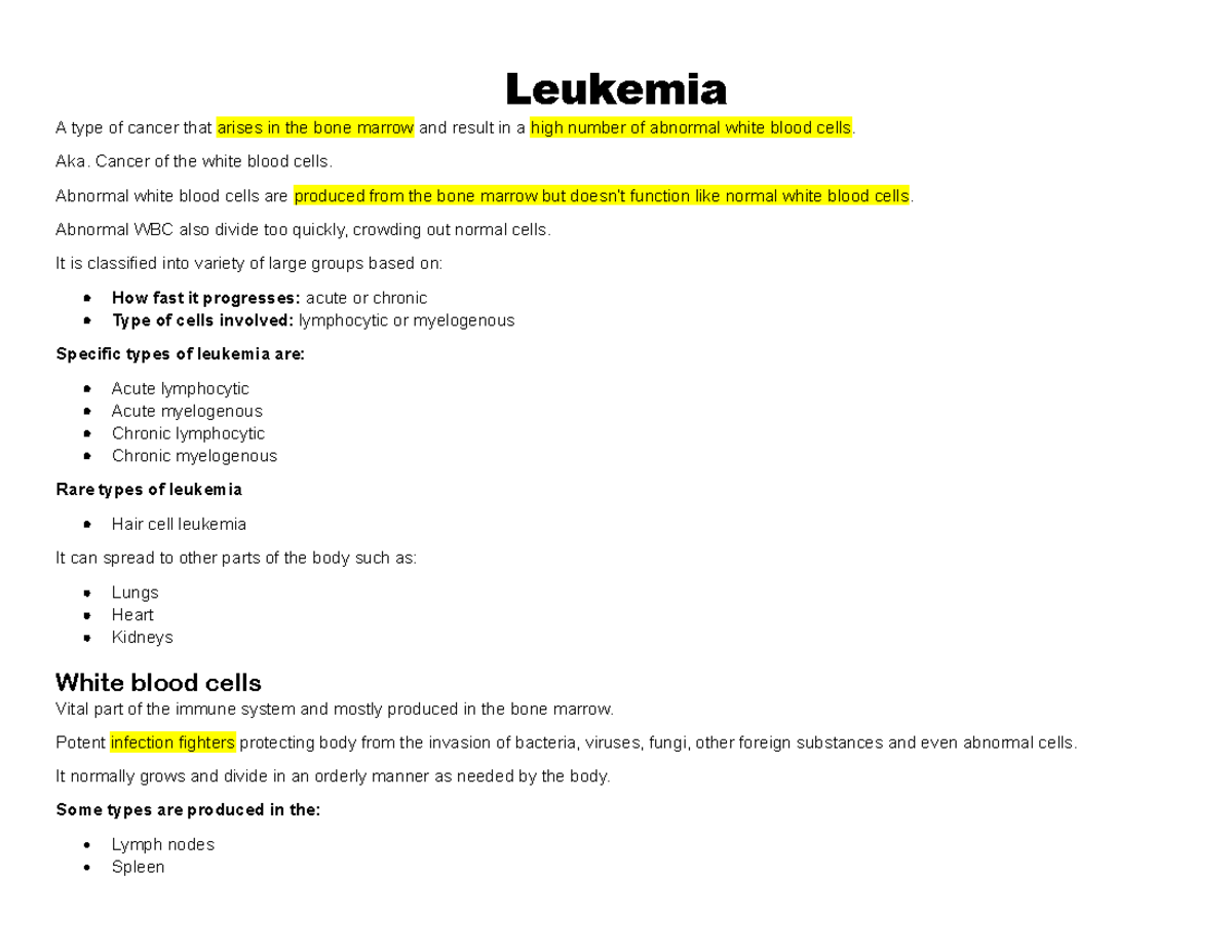 Leukemia - Leukemia A type of cancer that arises in the bone marrow and ...