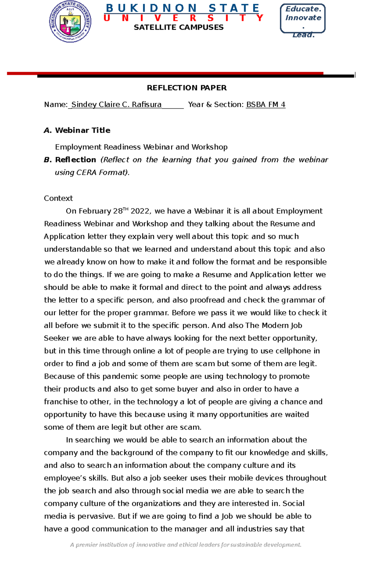 Reflection Paper on Employment Readiness Webinar (BSBA FM 4) - Studocu