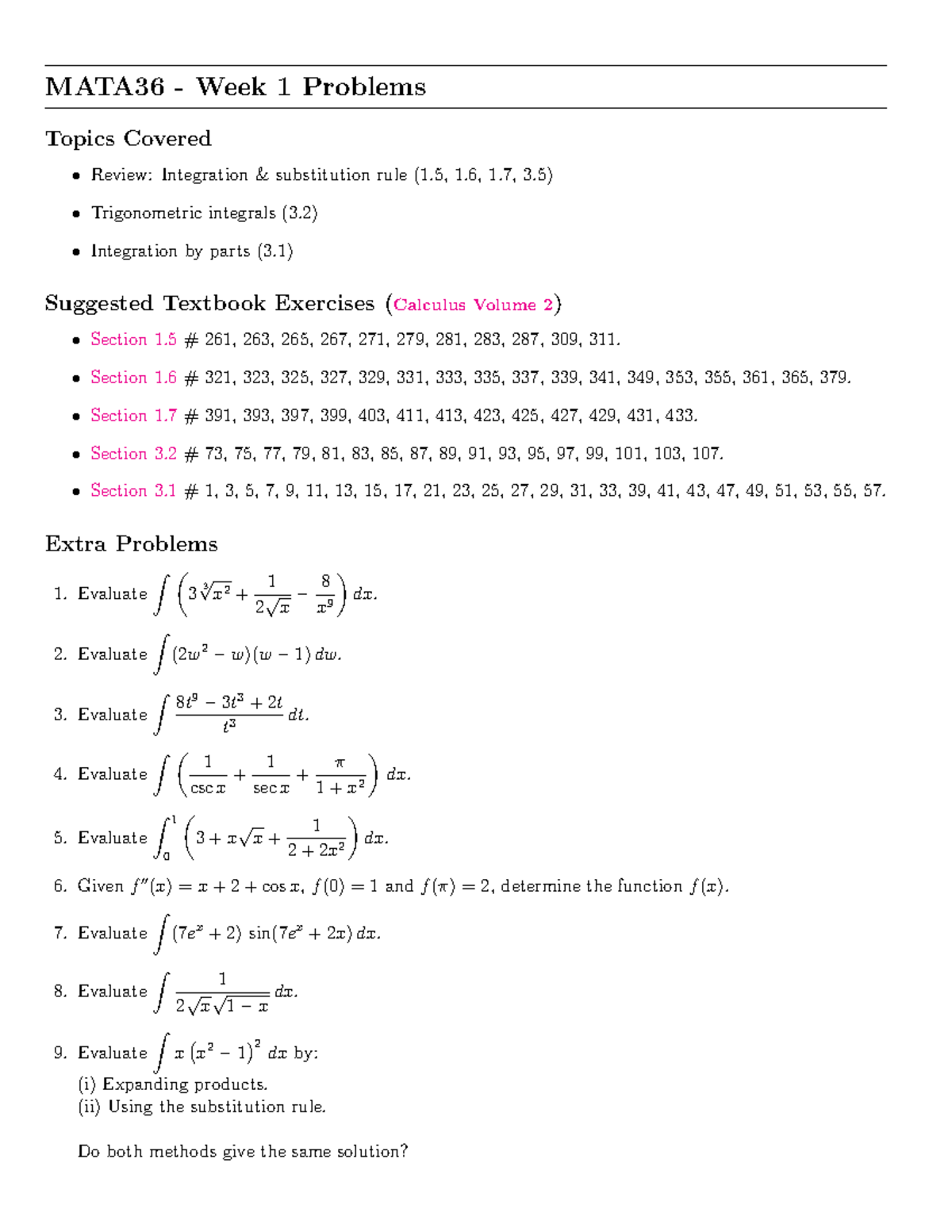MATA36 Week 1 Tutorial Problems: Integration Techniques Review - Studocu