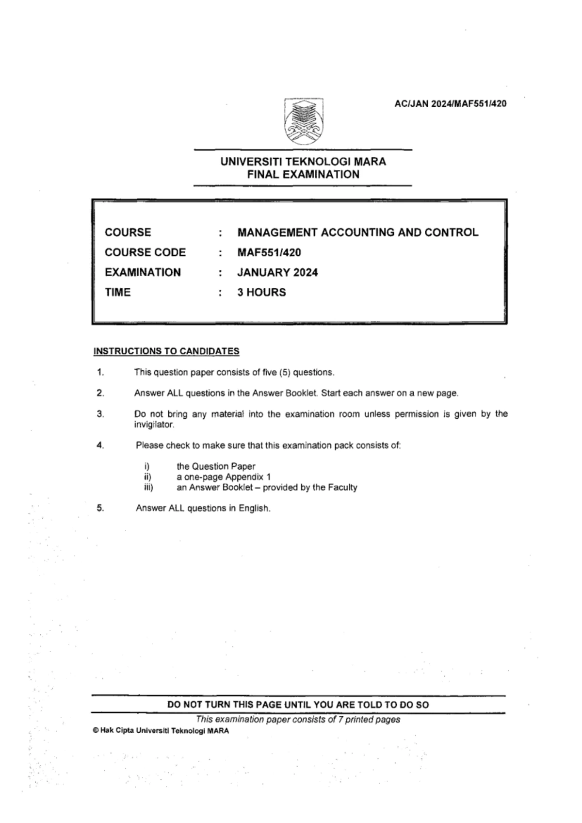 TEST 1 MAF551: MANAGEMENT ACCOUNTING & CONTROL - NOV 2024 - Studocu