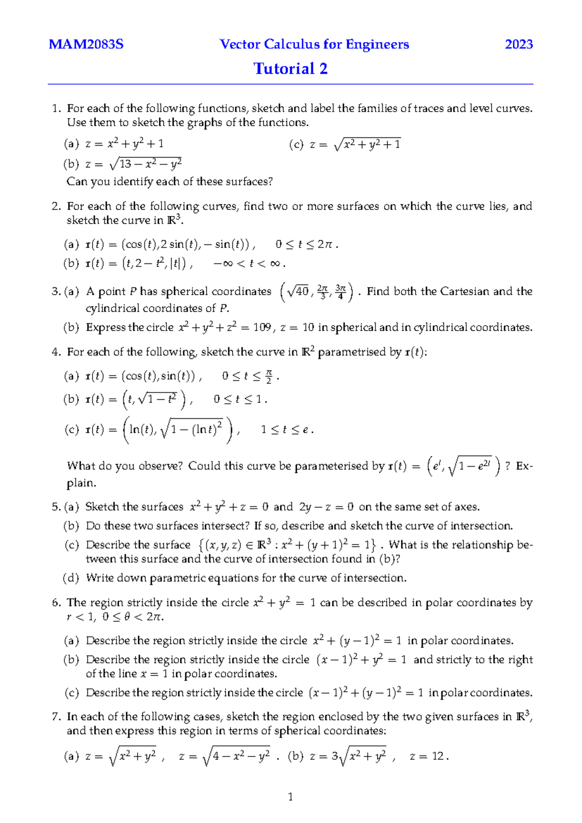 MAM2083S 2023 Vector Calculus Tutorial 2 Sketches & Surfaces - Studocu