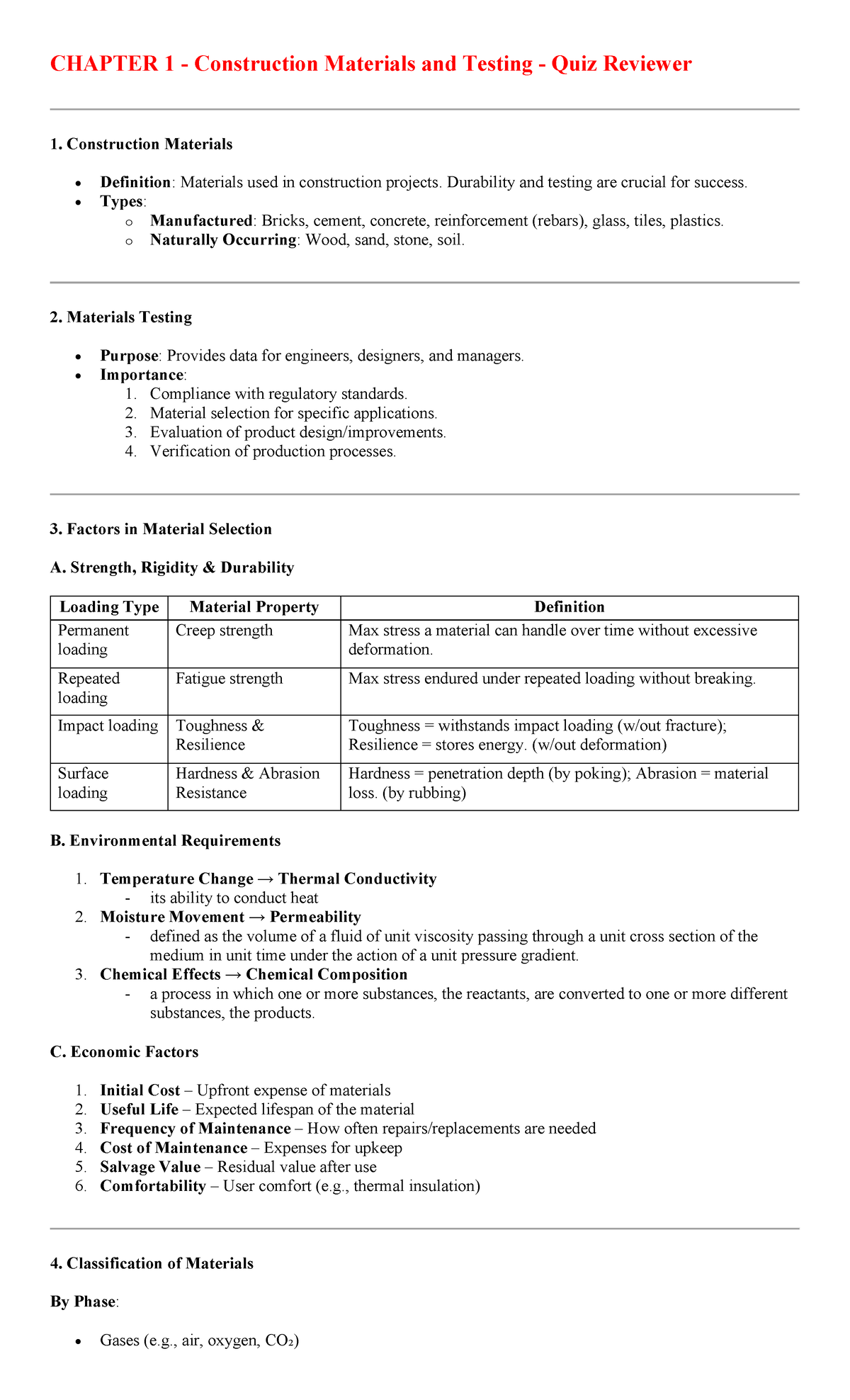 CHAPTER 1 & 2 Construction Materials and Testing Quiz Reviewer - Studocu