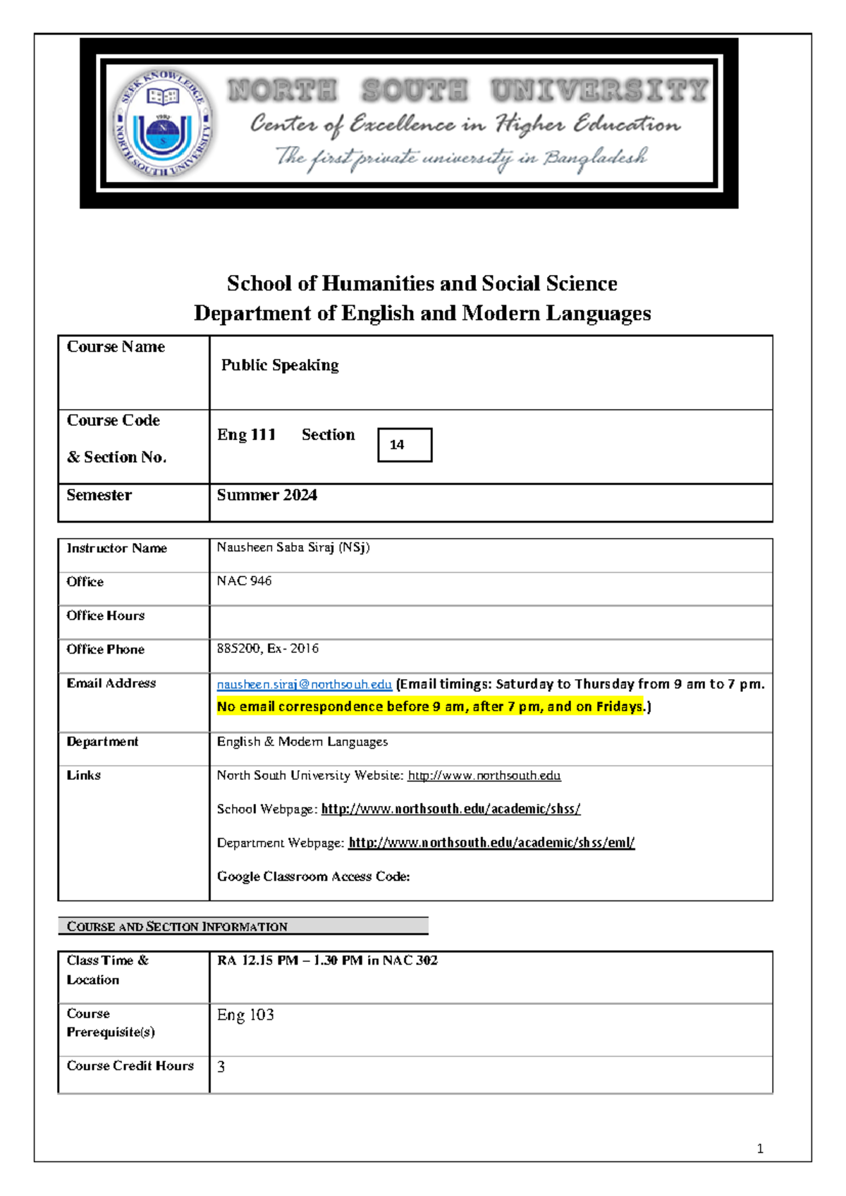 ENG 111.14 Course outline Summer 2024 - School of Humanities and Social ...