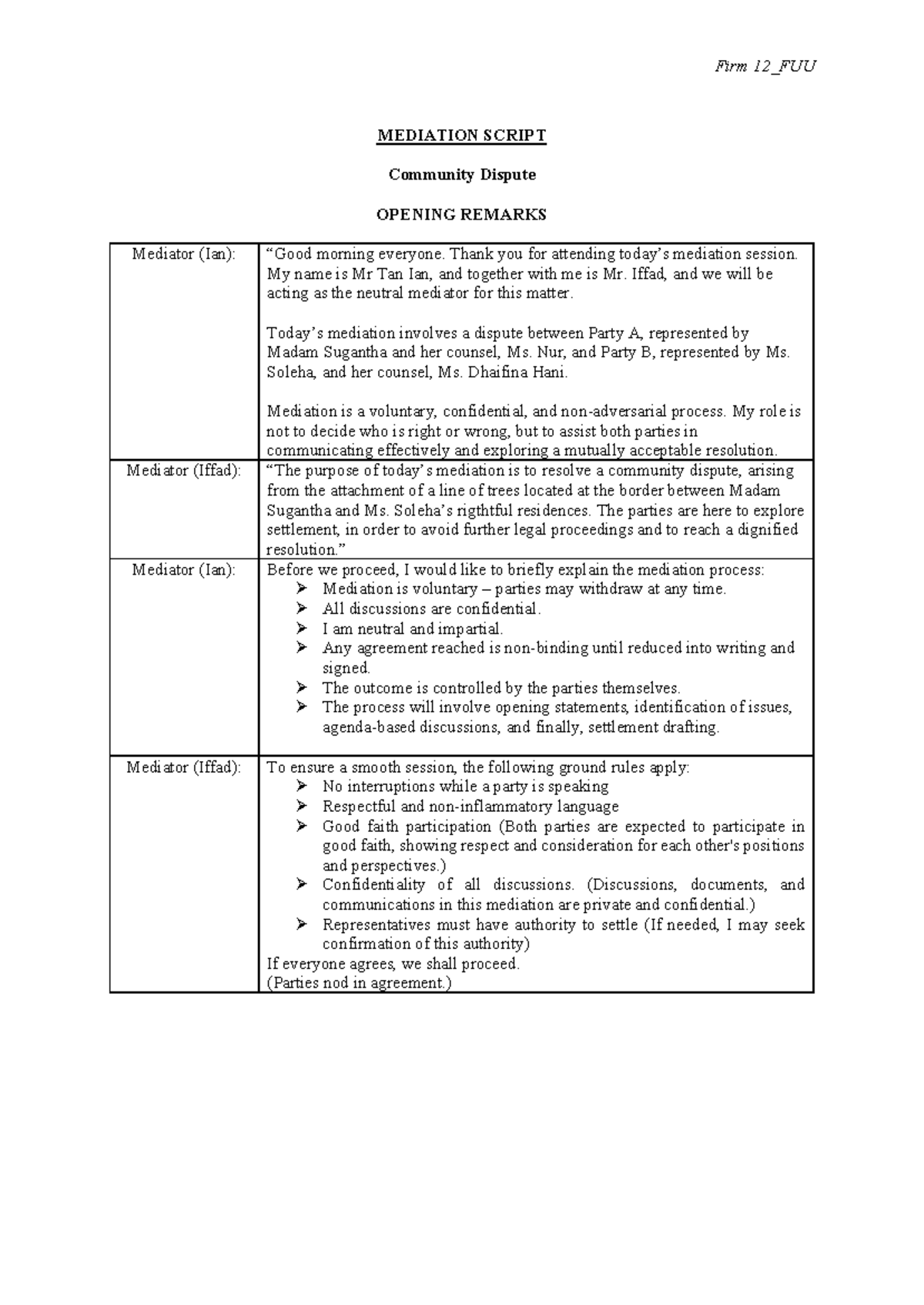 Firm 12_FUU MEDIATION SCRIPT: Community Dispute Opening Remarks and ...
