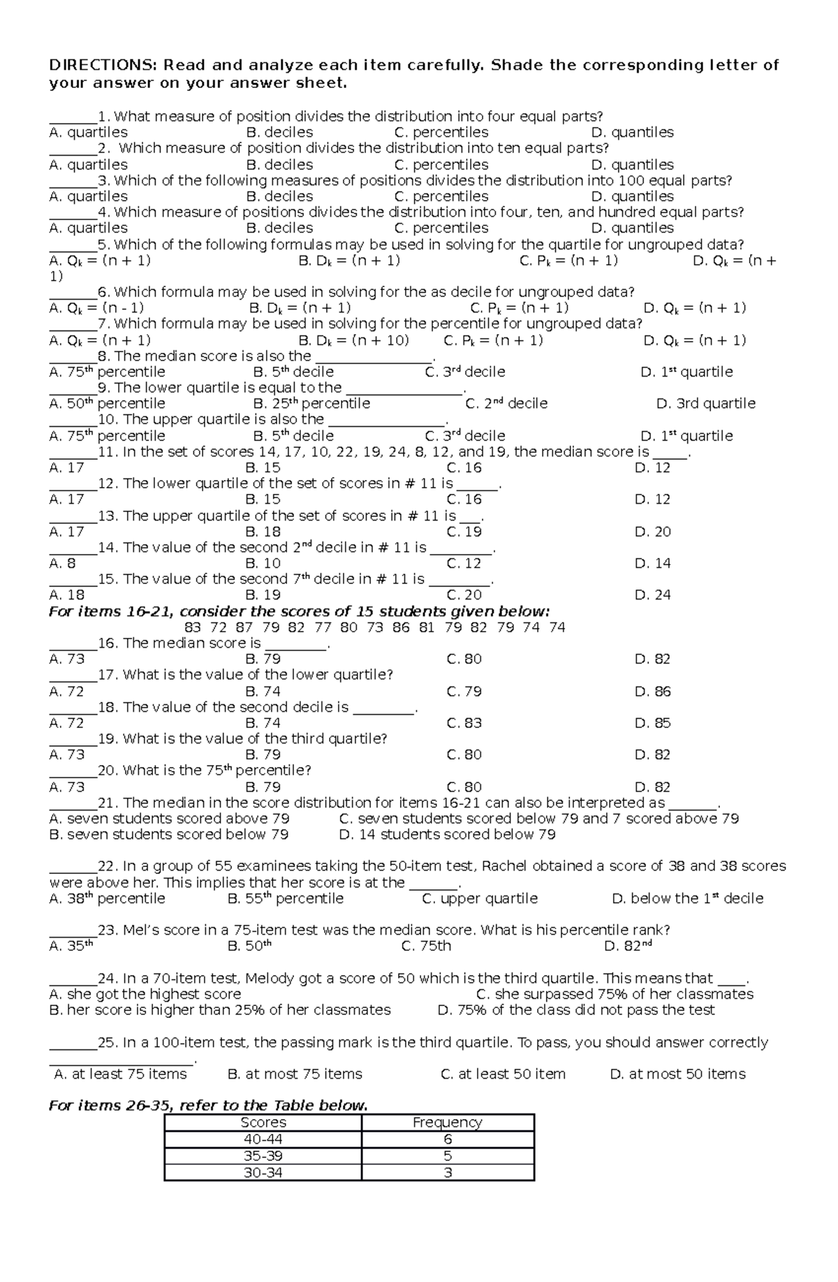 TEST Math10 Q4 - Test in Mathematics for Quarter. - DIRECTIONS: Read ...