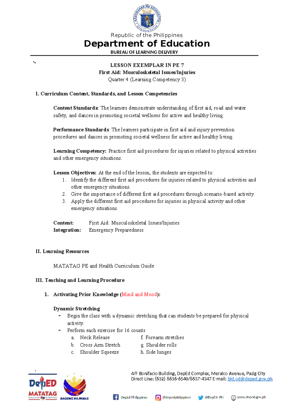 Lesson Exemplar in PE 7: First Aid for Musculoskeletal Injuries - Studocu