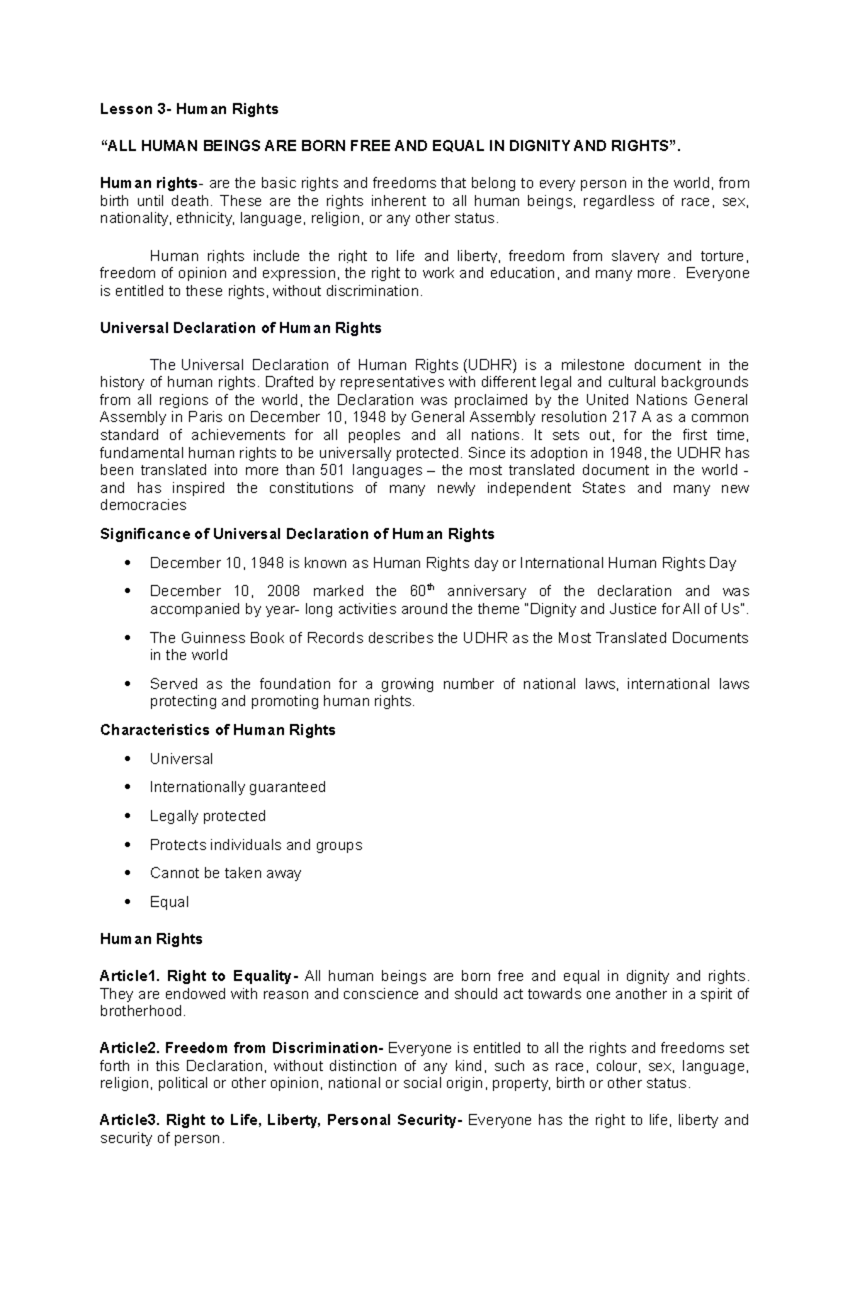 Lesson 7: Understanding Human Rights and Their Importance - Studocu