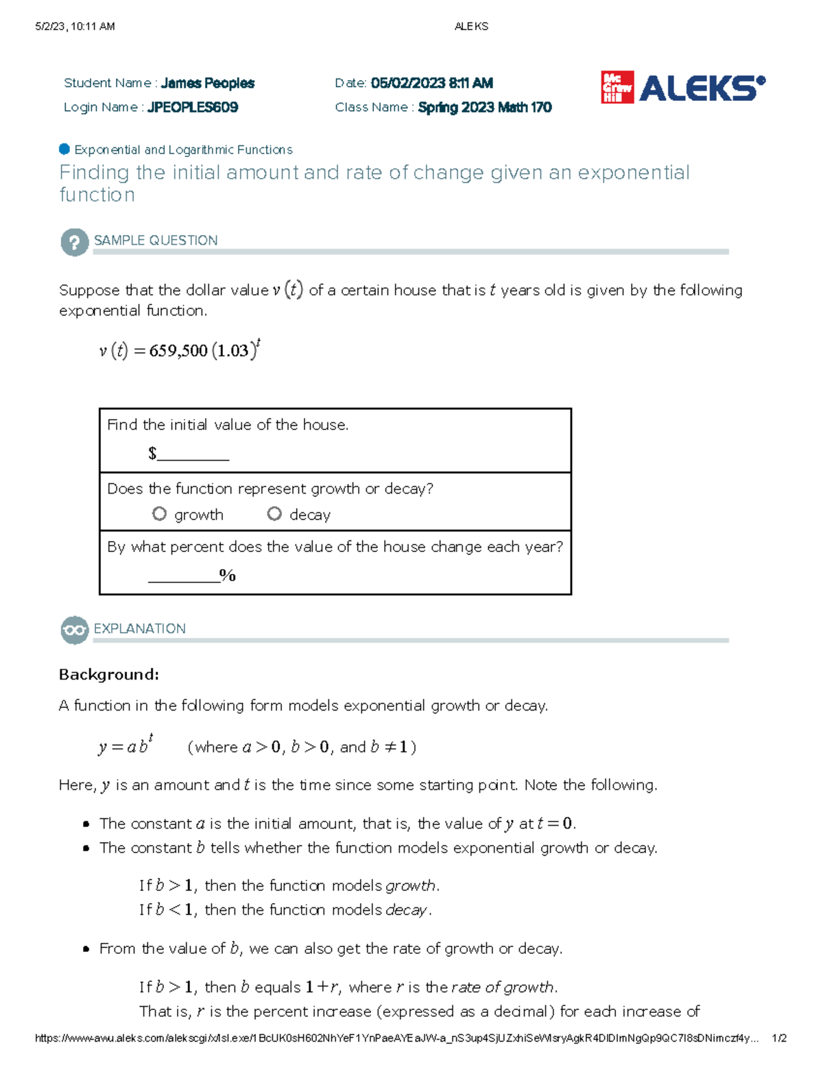 Finding the initial amount and rate of change given an exponential ...