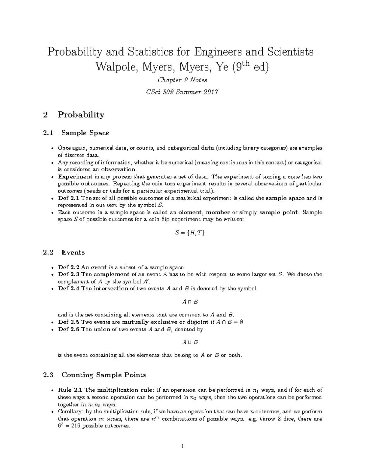 CSci 502 - Chapter 2 Lecture Notes: Probability & Sample Space - Studocu