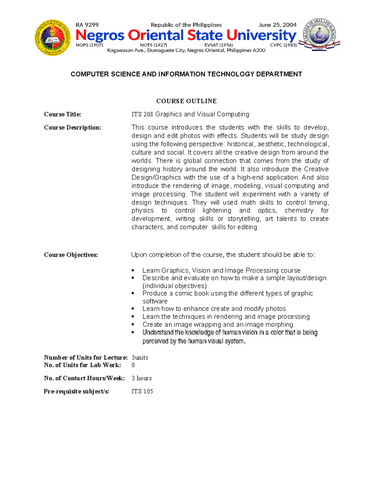 ITS 208 Graphics and Visual Computing Course Outline and Objectives ...