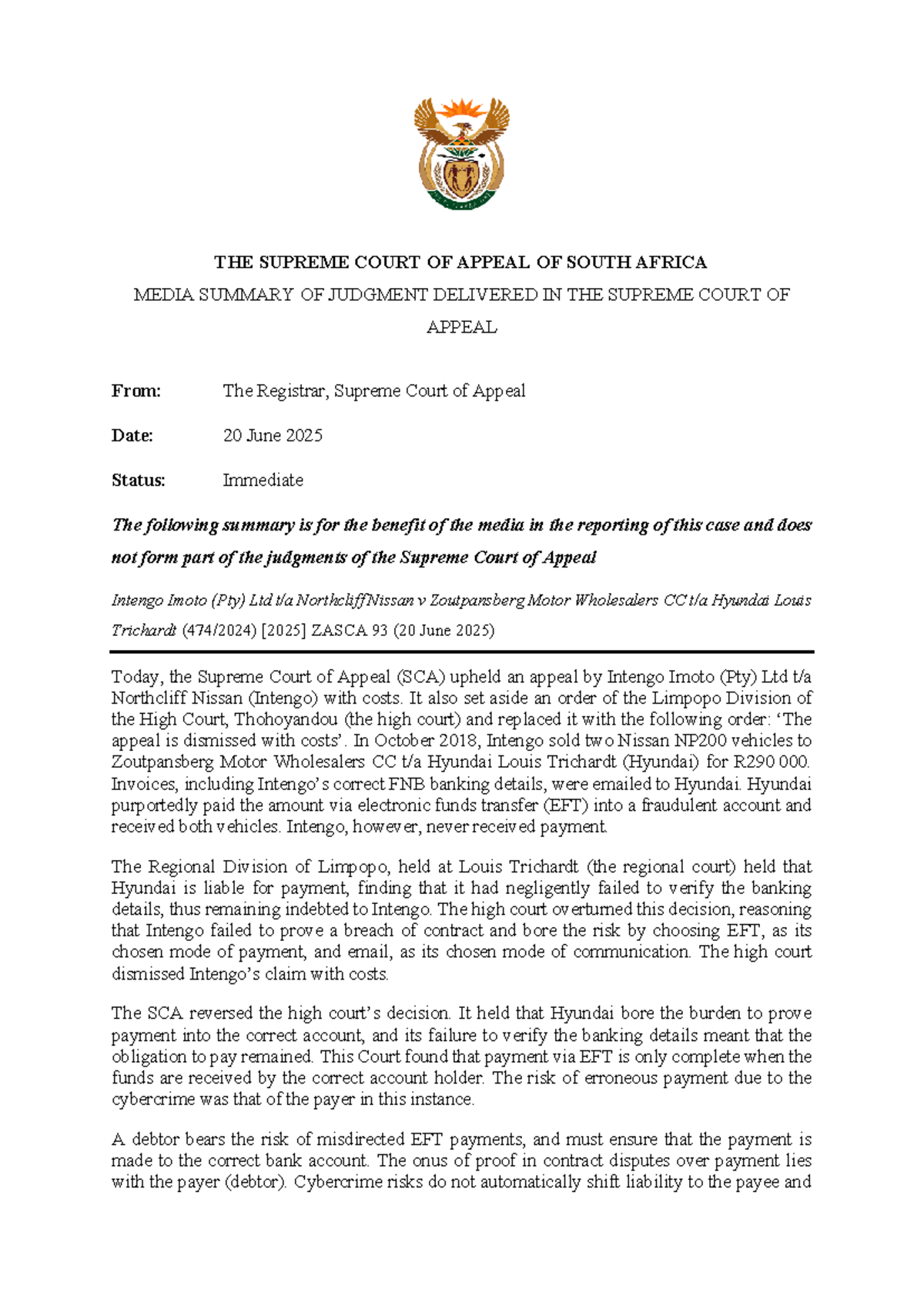 Intengo Imoto (Pty) Ltd v Zoutpansberg: SCA Judgment Summary - Studocu
