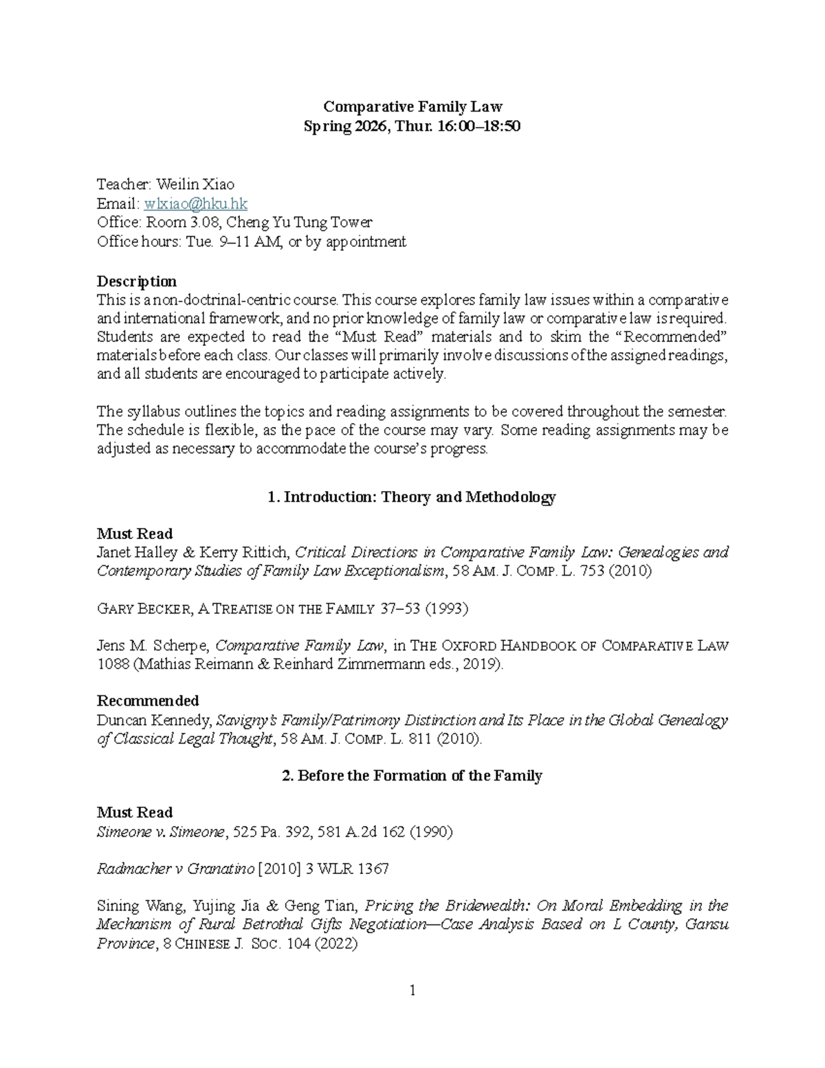 Comparative Family Law Syllabus Spring 2026 (Updated) - Studocu