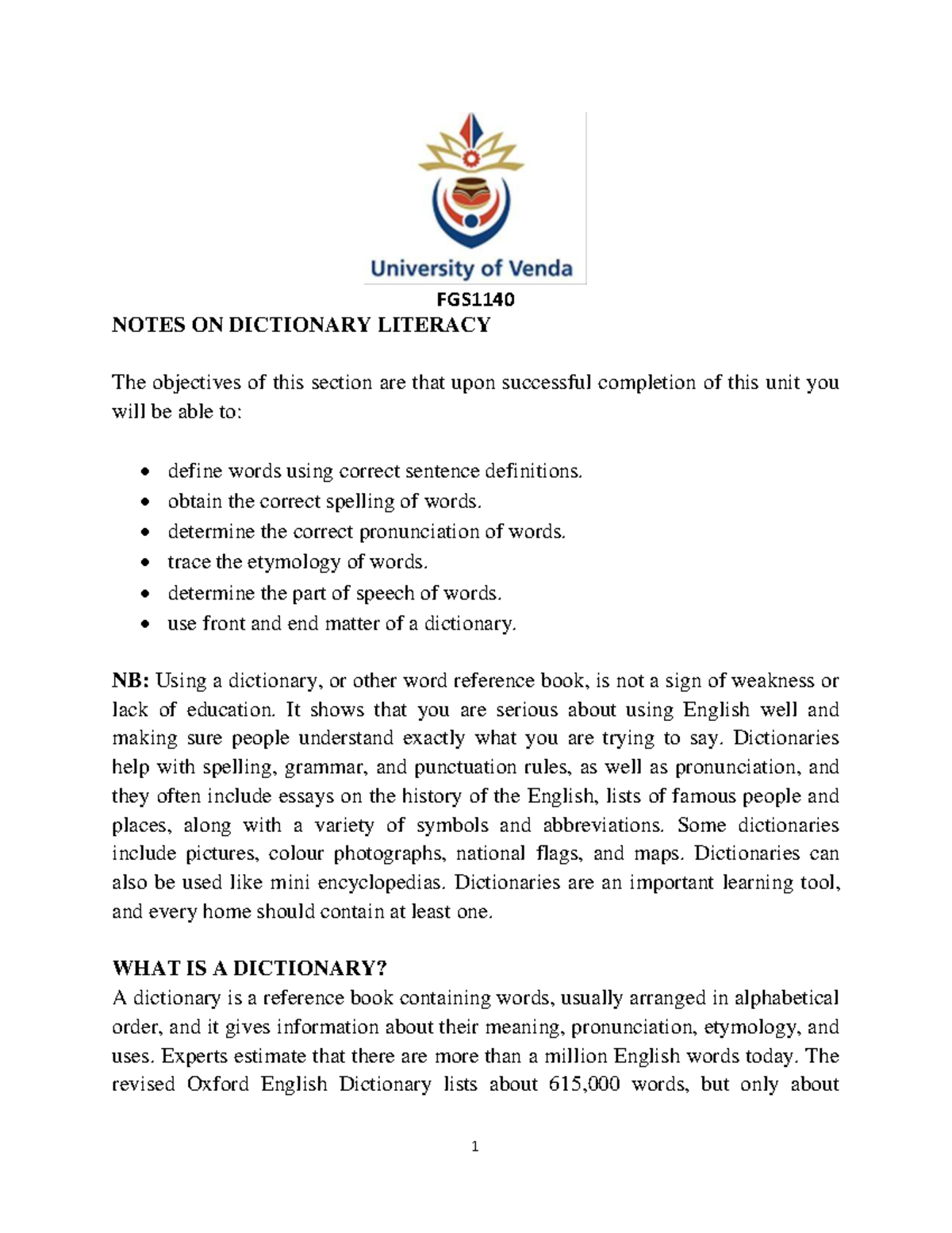 FGS1140 DICTIONARY LITERACY STUDY NOTES - Studocu