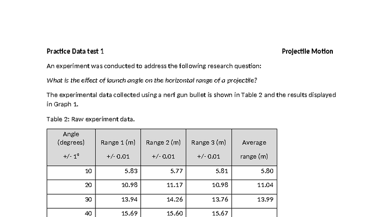 01 Projectile Motion Practice Test 1: Launch Angle Effects - Studocu