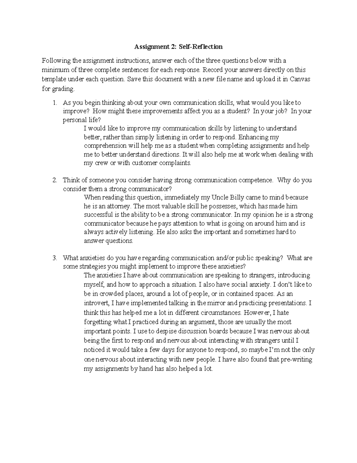 Assignment 2: Reflection on Communication Skills and Improvement - Studocu