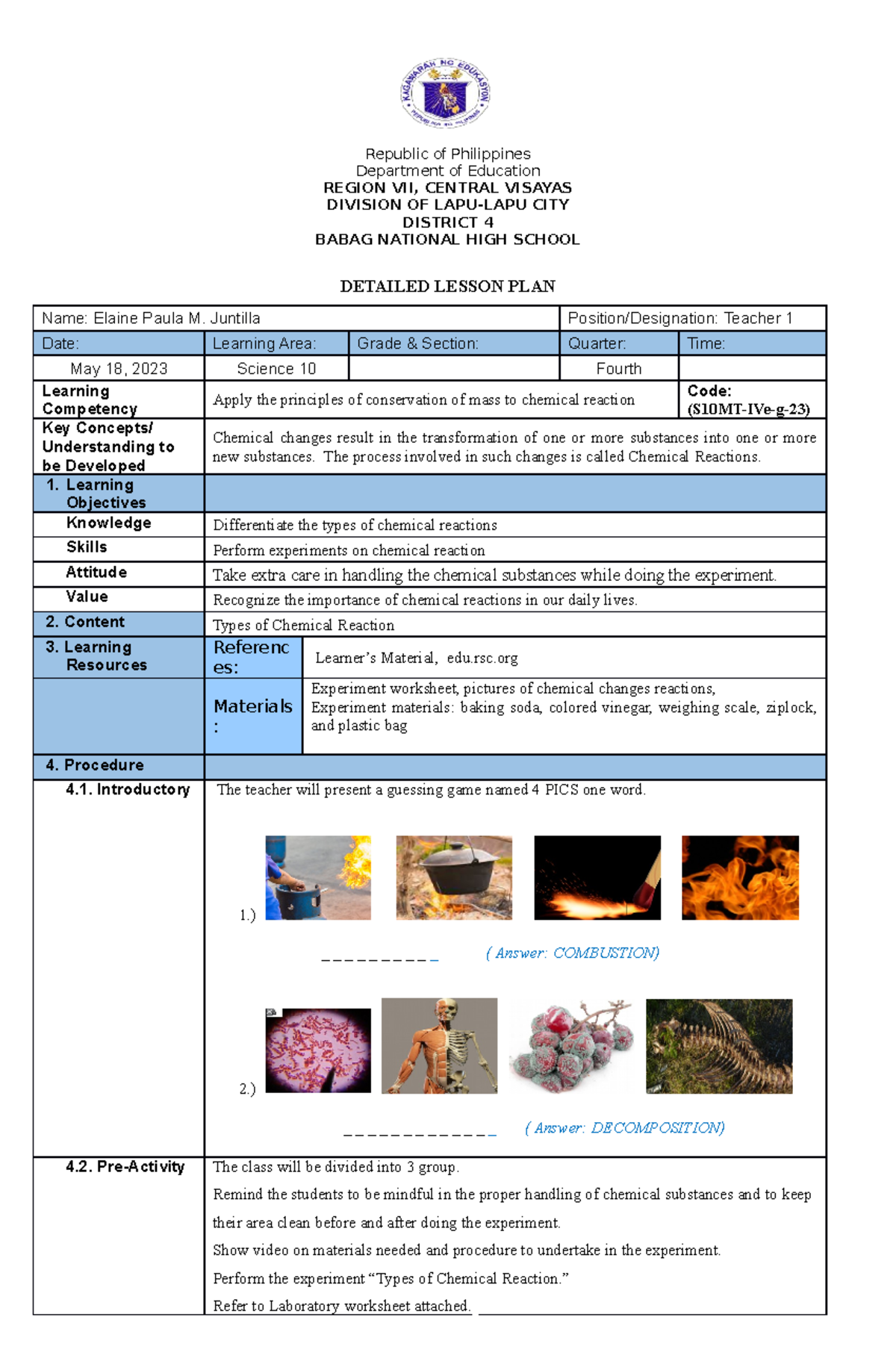 Detailed Lesson Plan on Types of Chemical Reactions (Science 10 - DLP ...