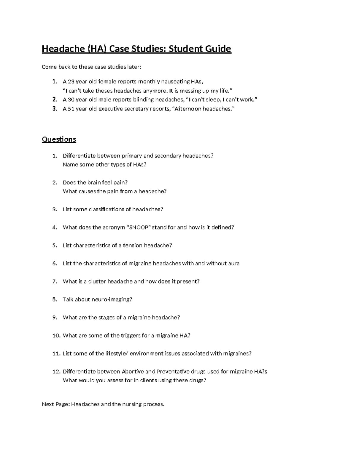 Headache (HA) Case Study Guide for Students: Analysis and Insights ...