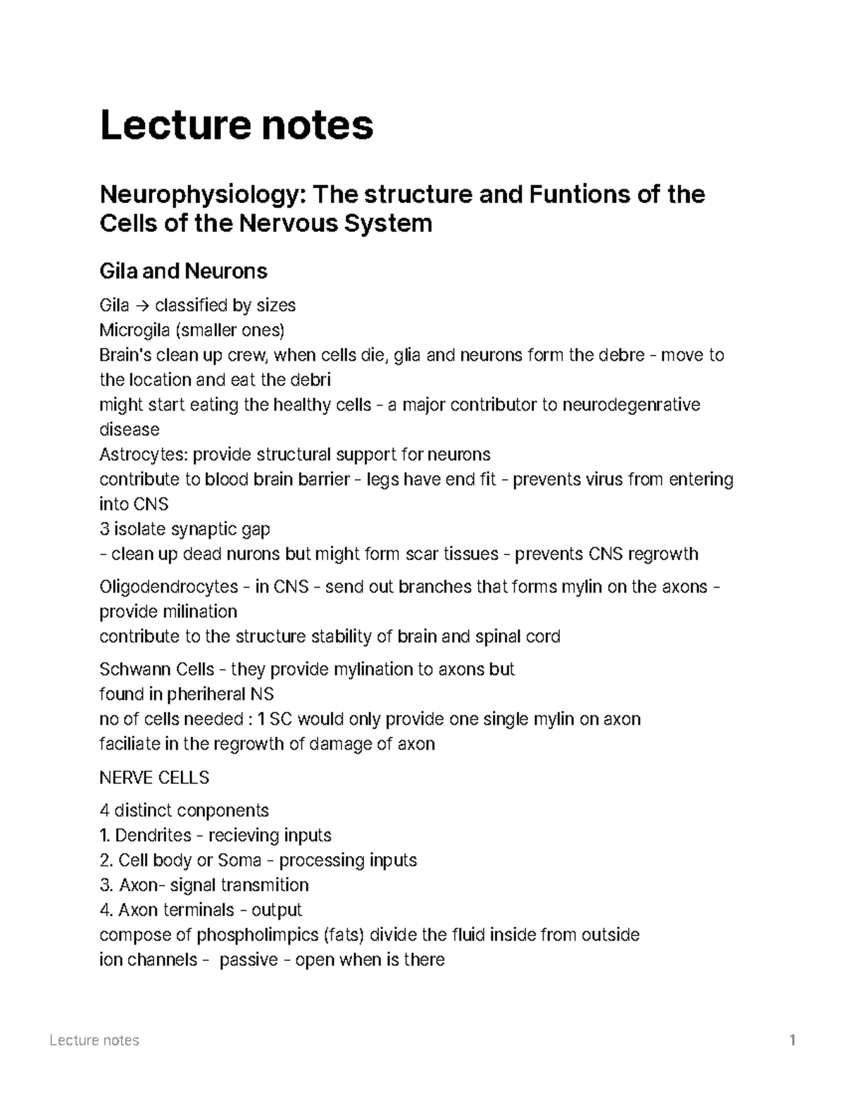 Lecture 2: Neurophysiology of Nervous System Cells and Functions - Studocu