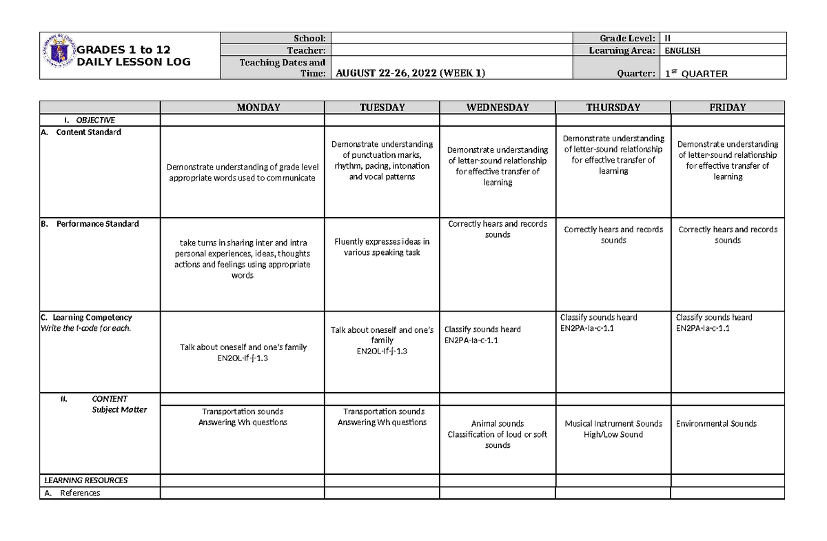 DLL English 2 Q1 W1 - Daily Lesson Log for August 2022 - Studocu