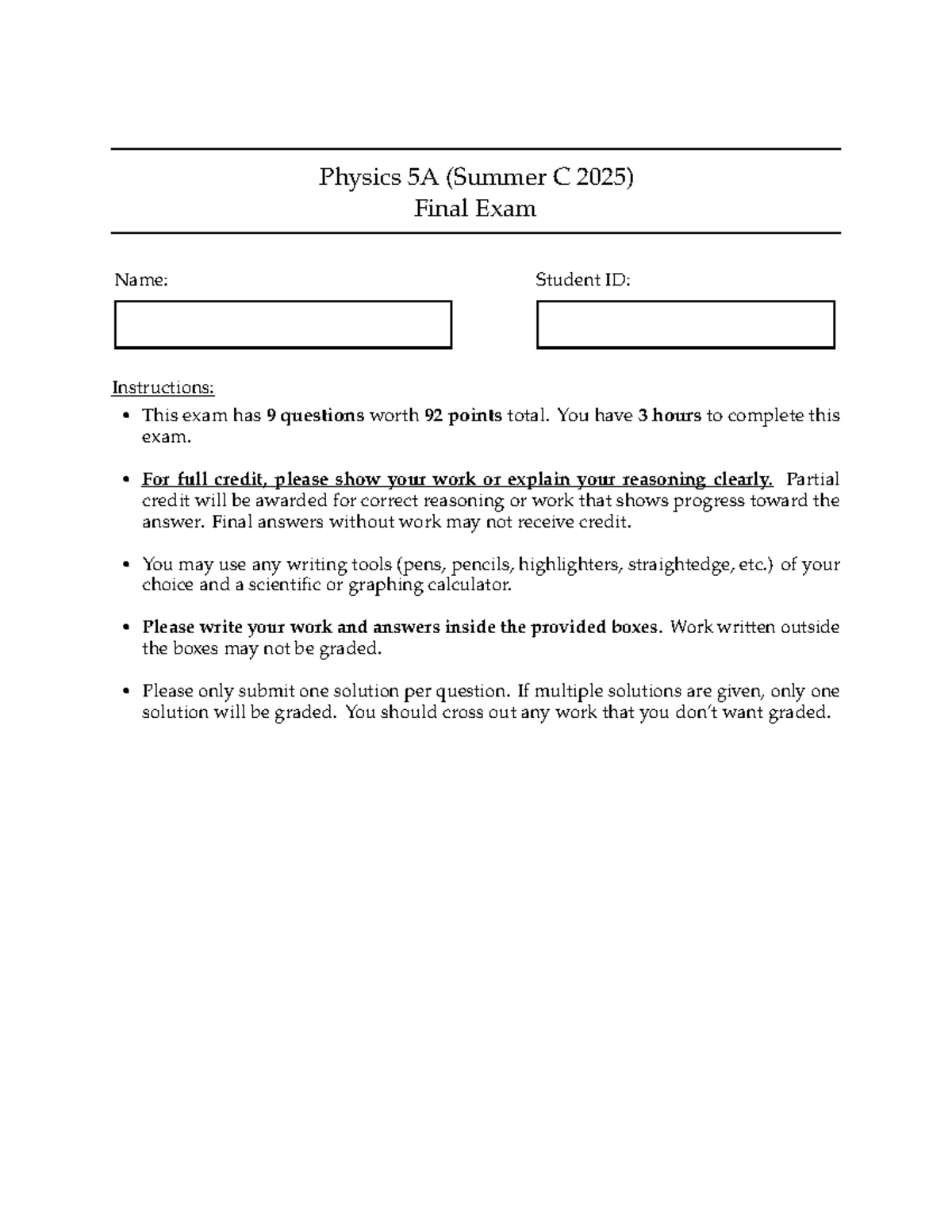 Physics 5A (Summer C 2025) Final Exam Practice Test A - Studocu