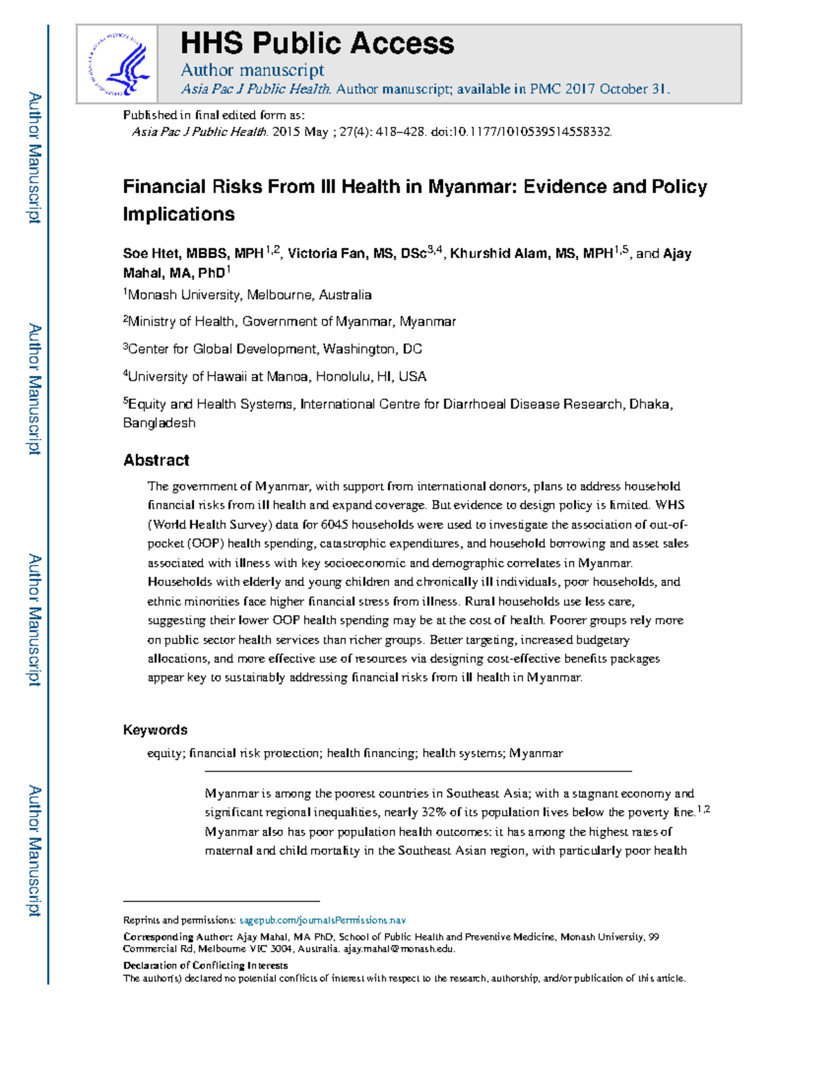 Financial Risks from Ill Health in Myanmar: Evidence & Policy ...