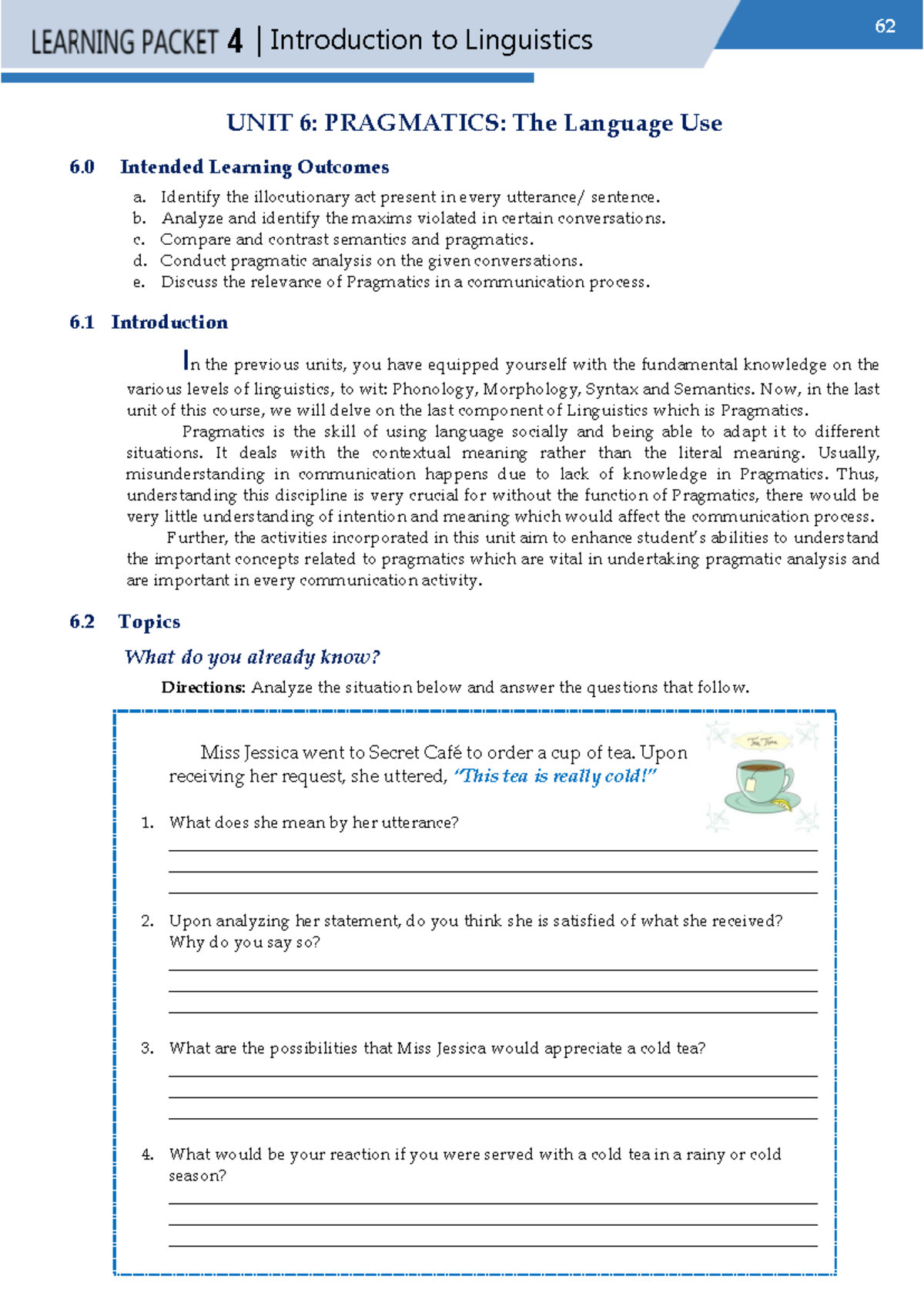 2022 ENG 1 LP6: Unit 6 - Pragmatics in Linguistics - Studocu