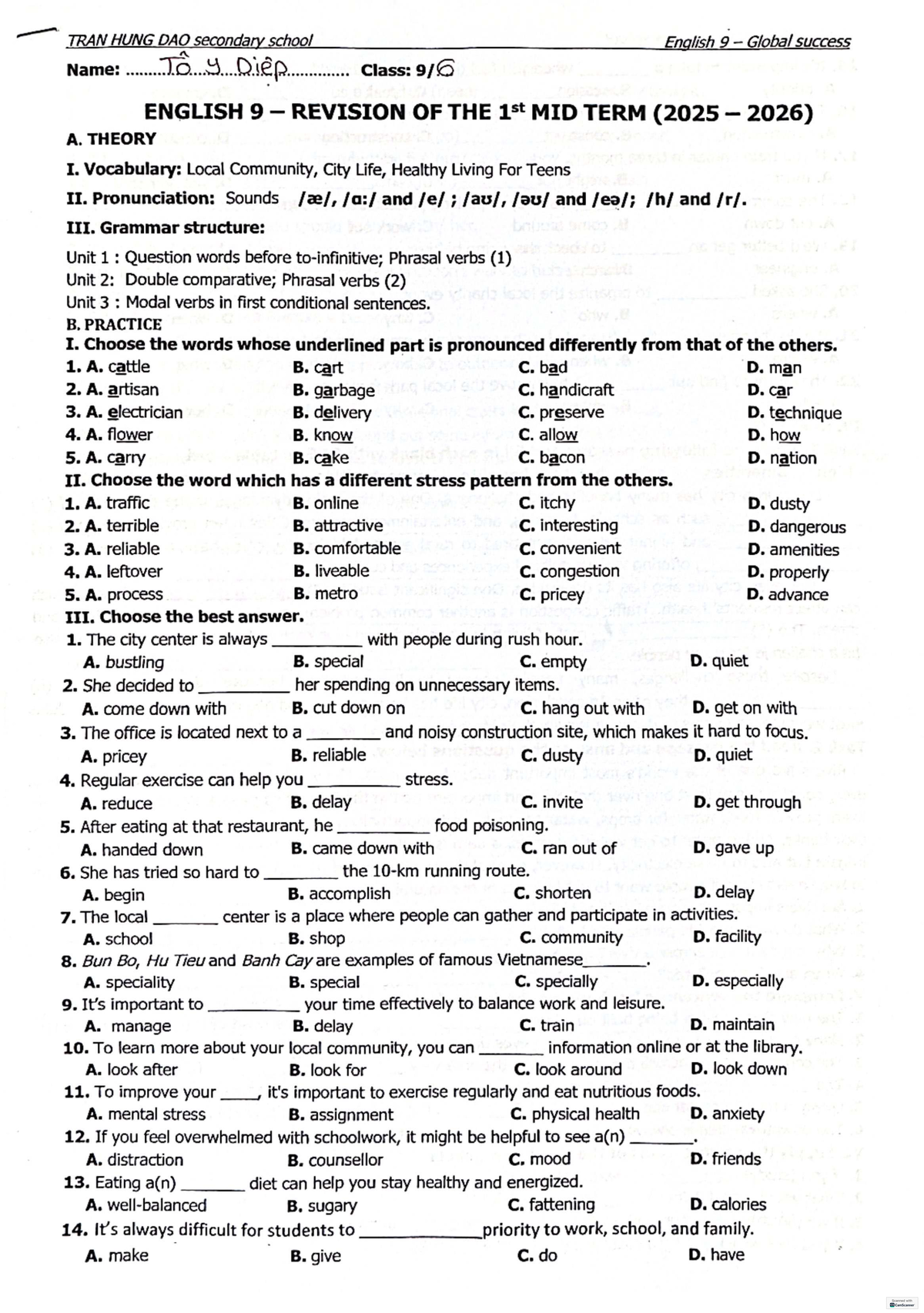 ENGLISH 9 REVISION FOR 1st MIDTERM (2025-2026) - TRAN HUNG DAO - Studocu