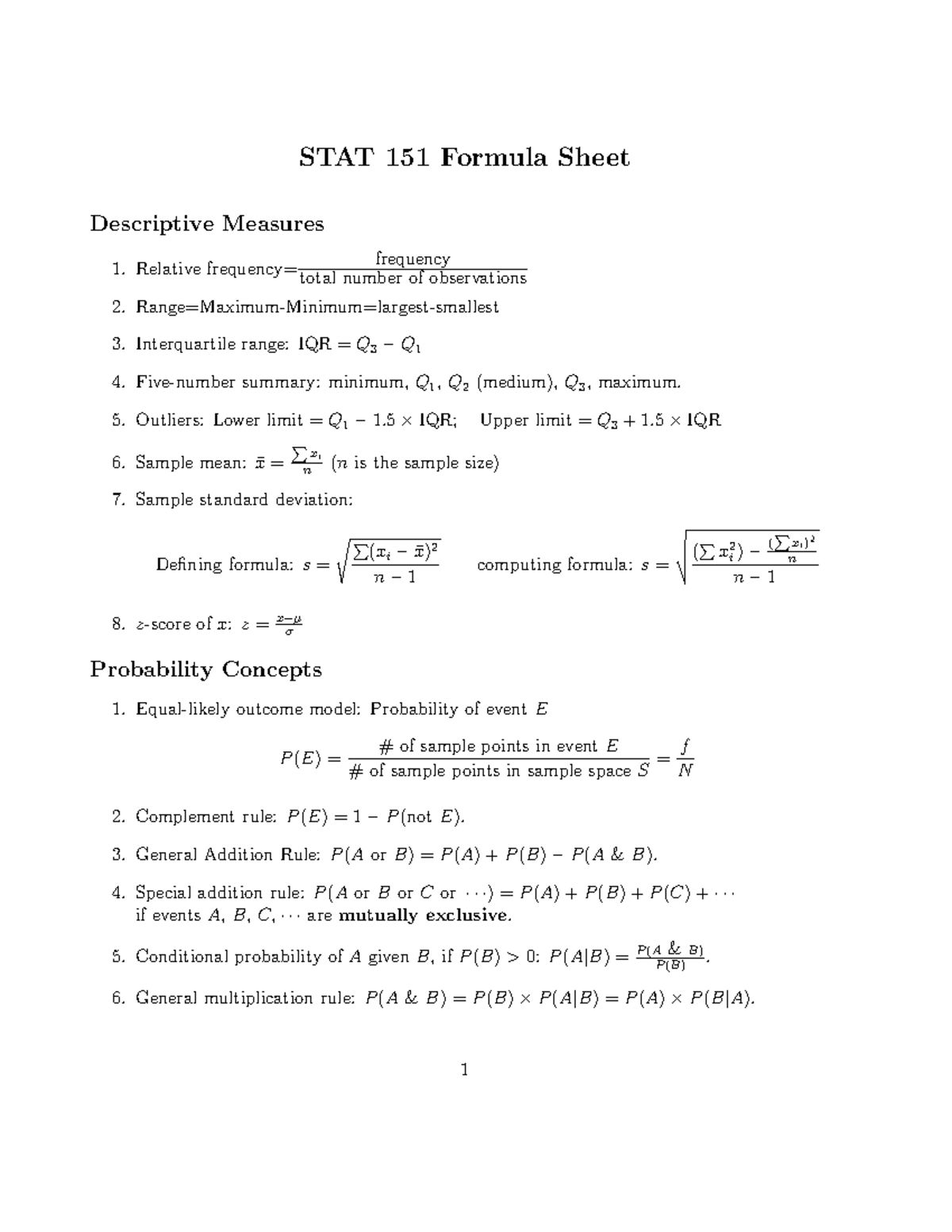 STAT 151 Formula Sheet: Descriptive Measures & Probability Concepts ...