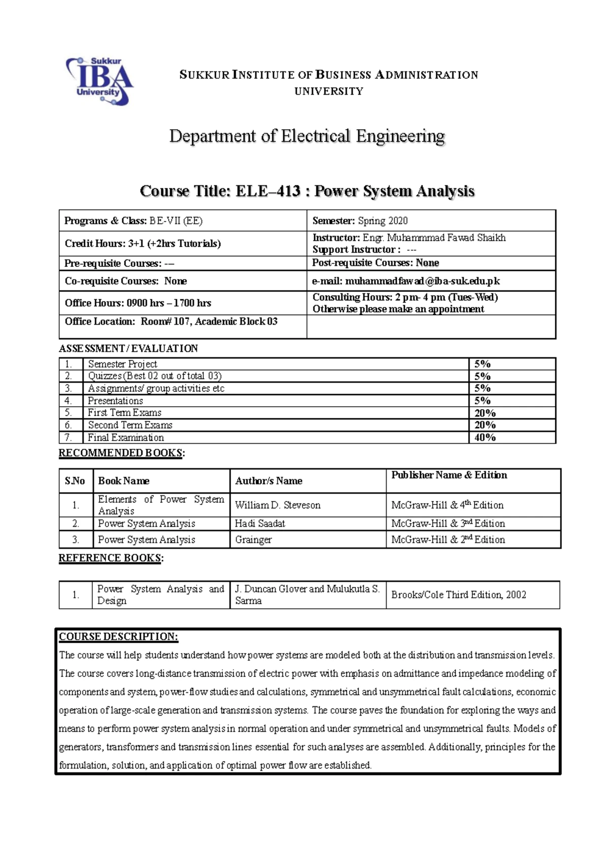 Electrical Network Analysis Course Outline - SUKKUR INSTITUTE OF ...