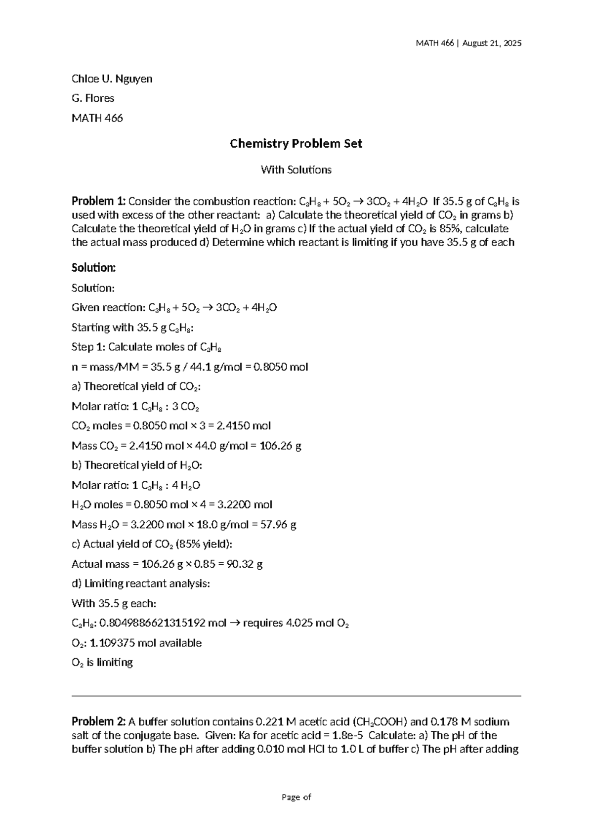 MATH 466 Chemistry Problem Set Solutions with Detailed Explanations ...