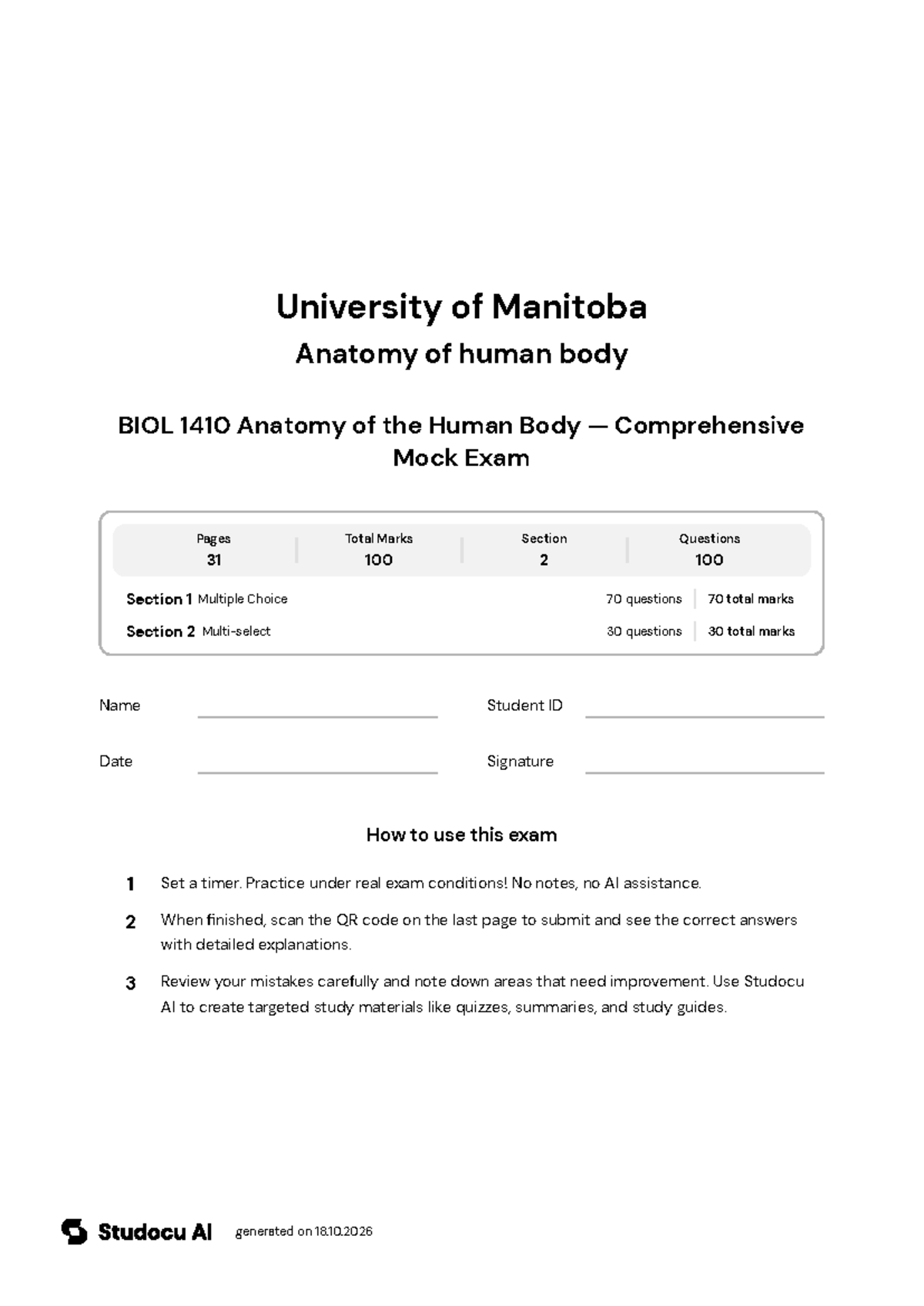 BIOL 1410 Comprehensive Mock Exam on Human Anatomy - Studocu