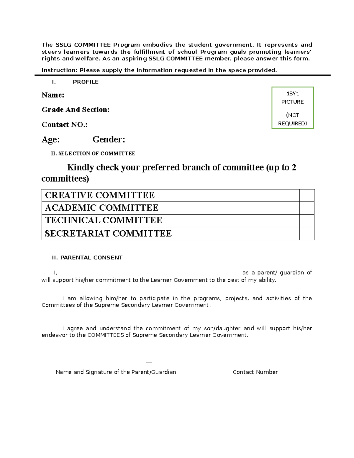 Applicant Form for SSLG COMMITTEE - TLE EPAS - Studocu