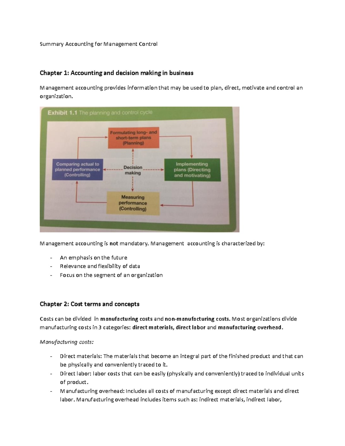 Summary of Management Accounting Concepts for BUD 101 Decisions ...