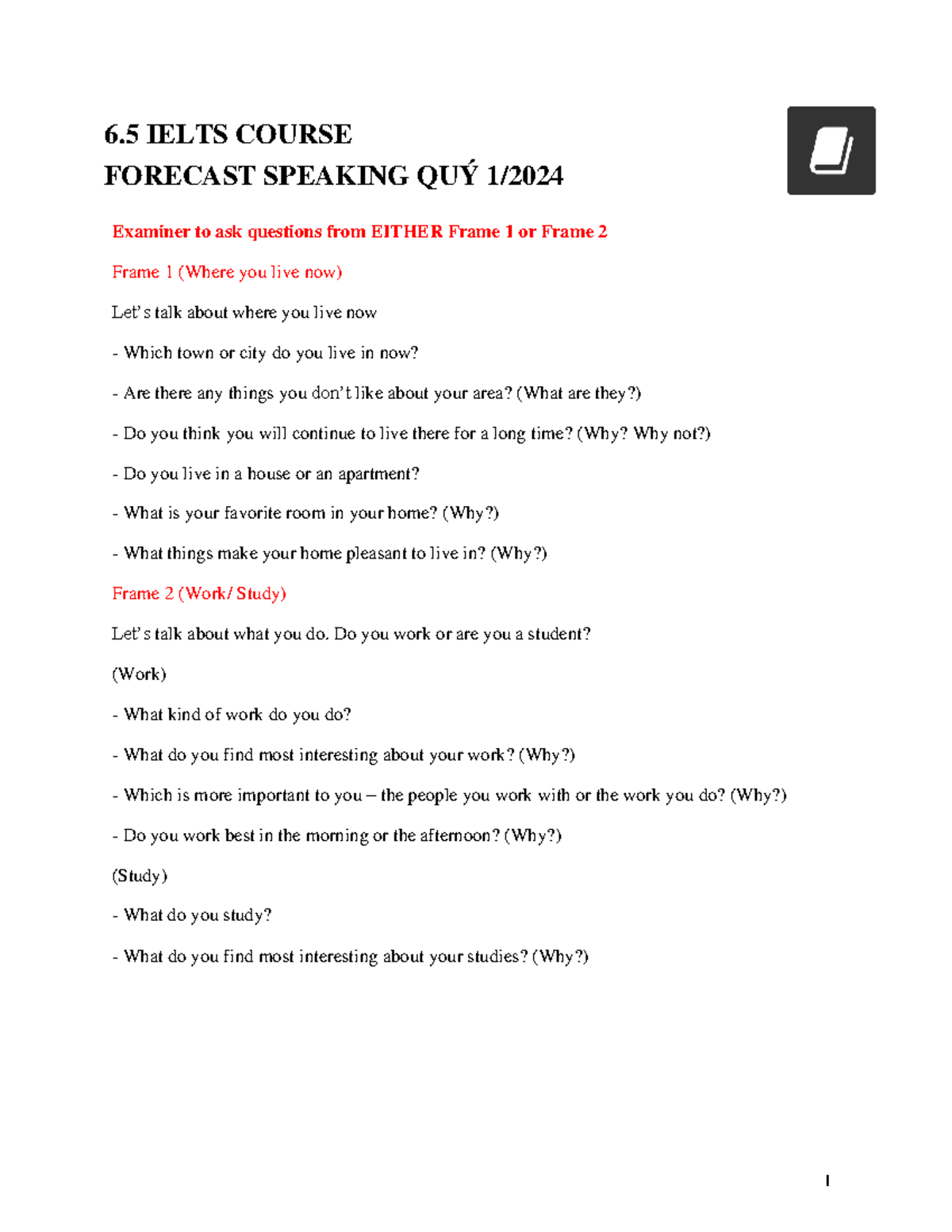 IELTS Speaking Forecast for Q1 2024 - Course Code 1717556916644 - Studocu