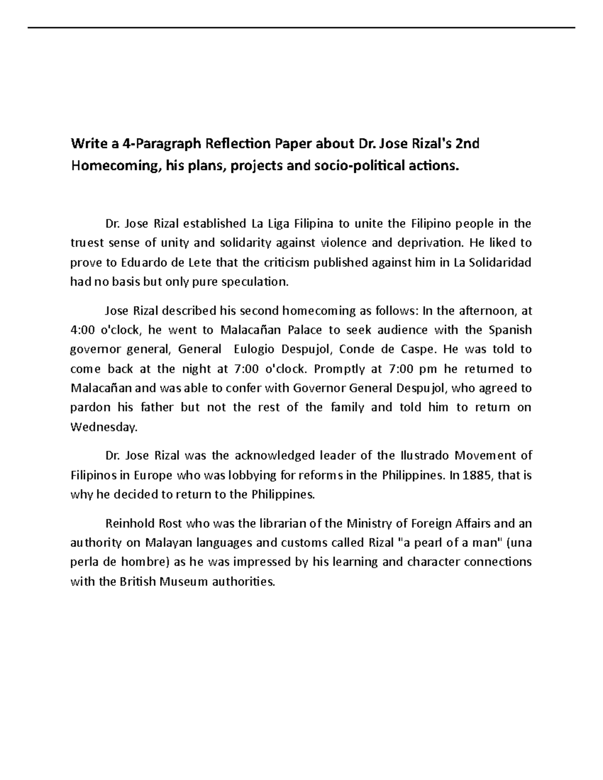 Reflection Paper on Dr. Jose Rizal's 2nd Homecoming & Actions - Studocu