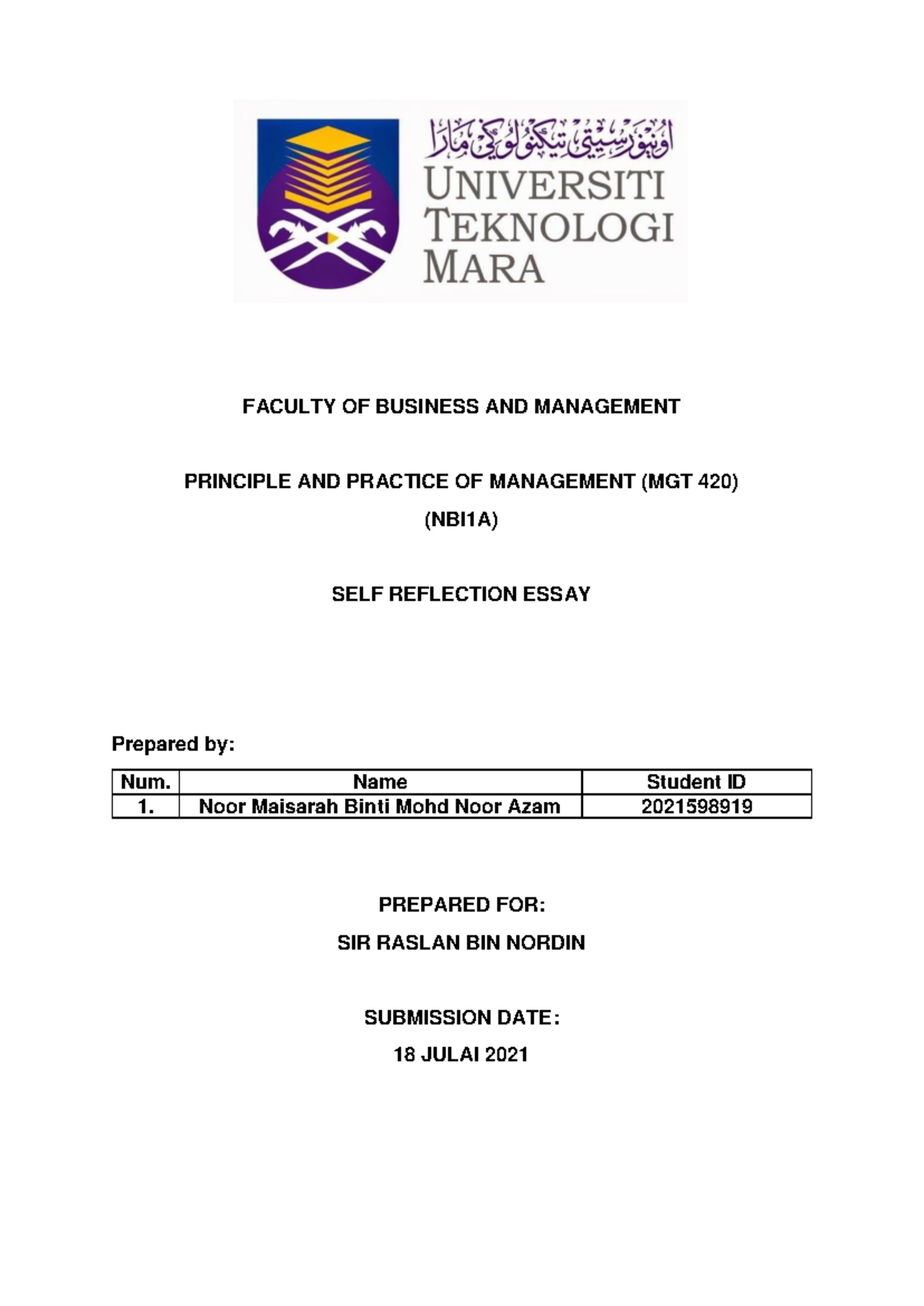 Self Reflection Essay on Management Concepts - MGT 420 Full Report ...